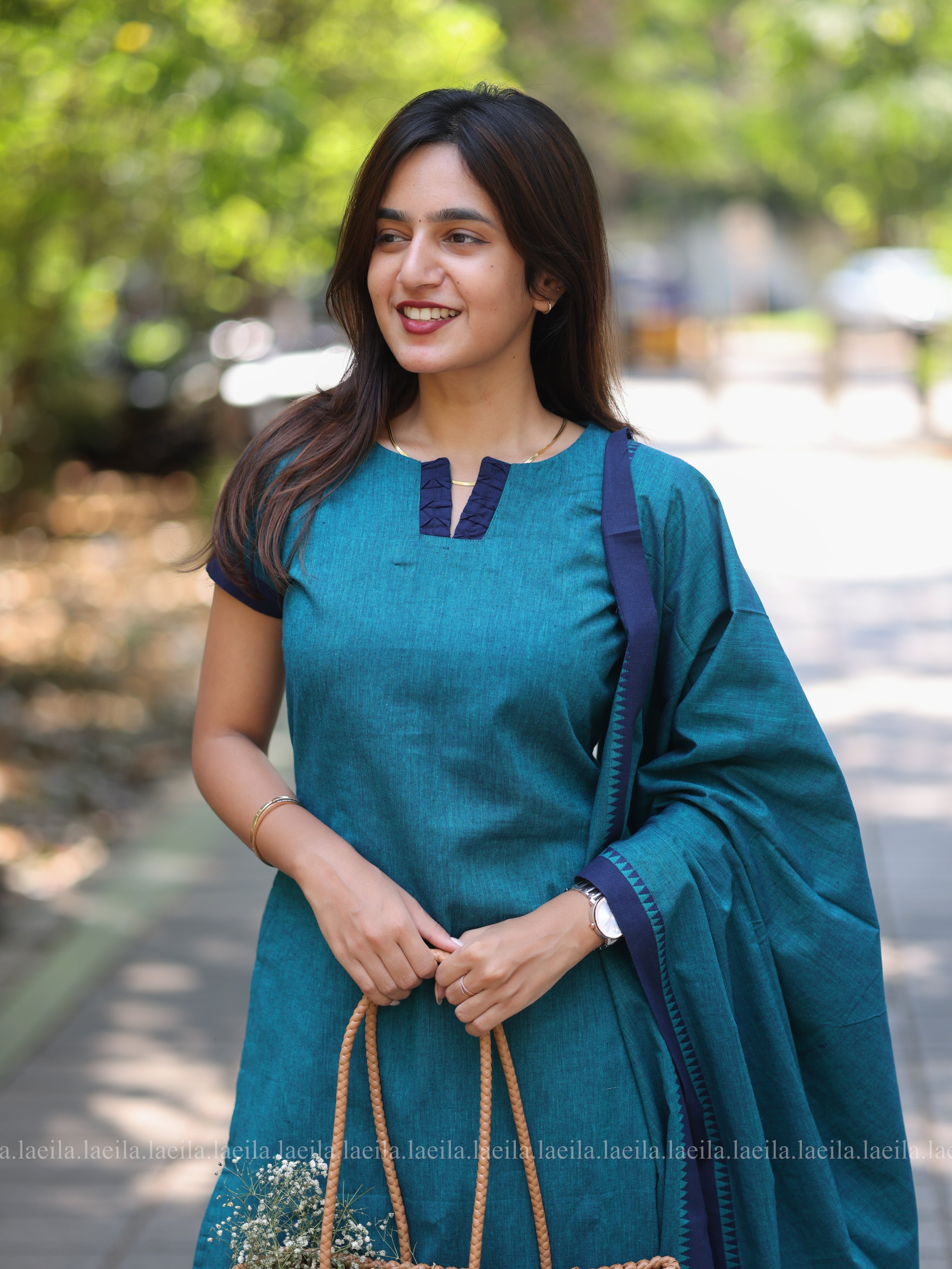 Peacock Blue Cotton Kadhambari Set
