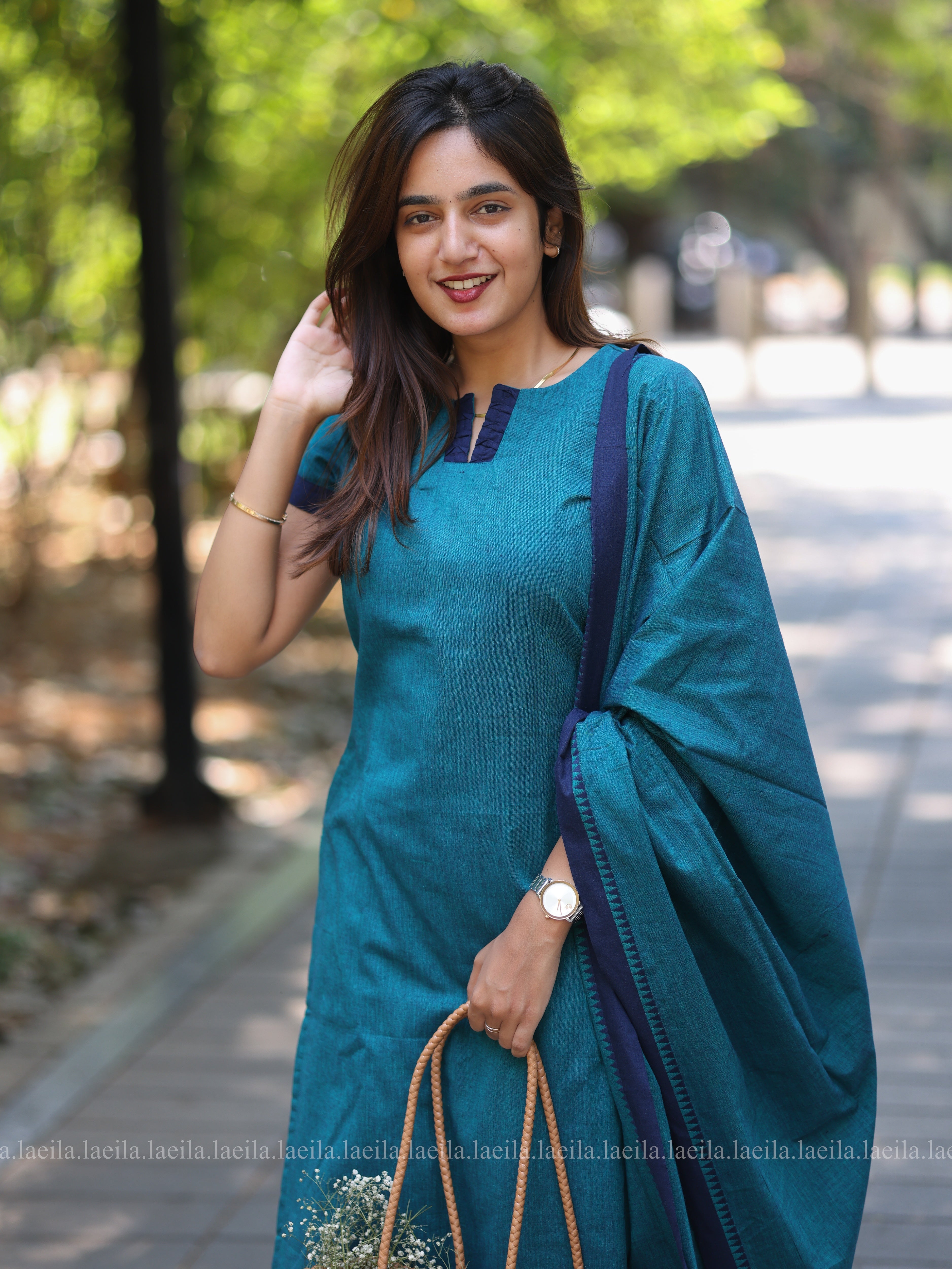 Peacock Blue Cotton Kadhambari Set