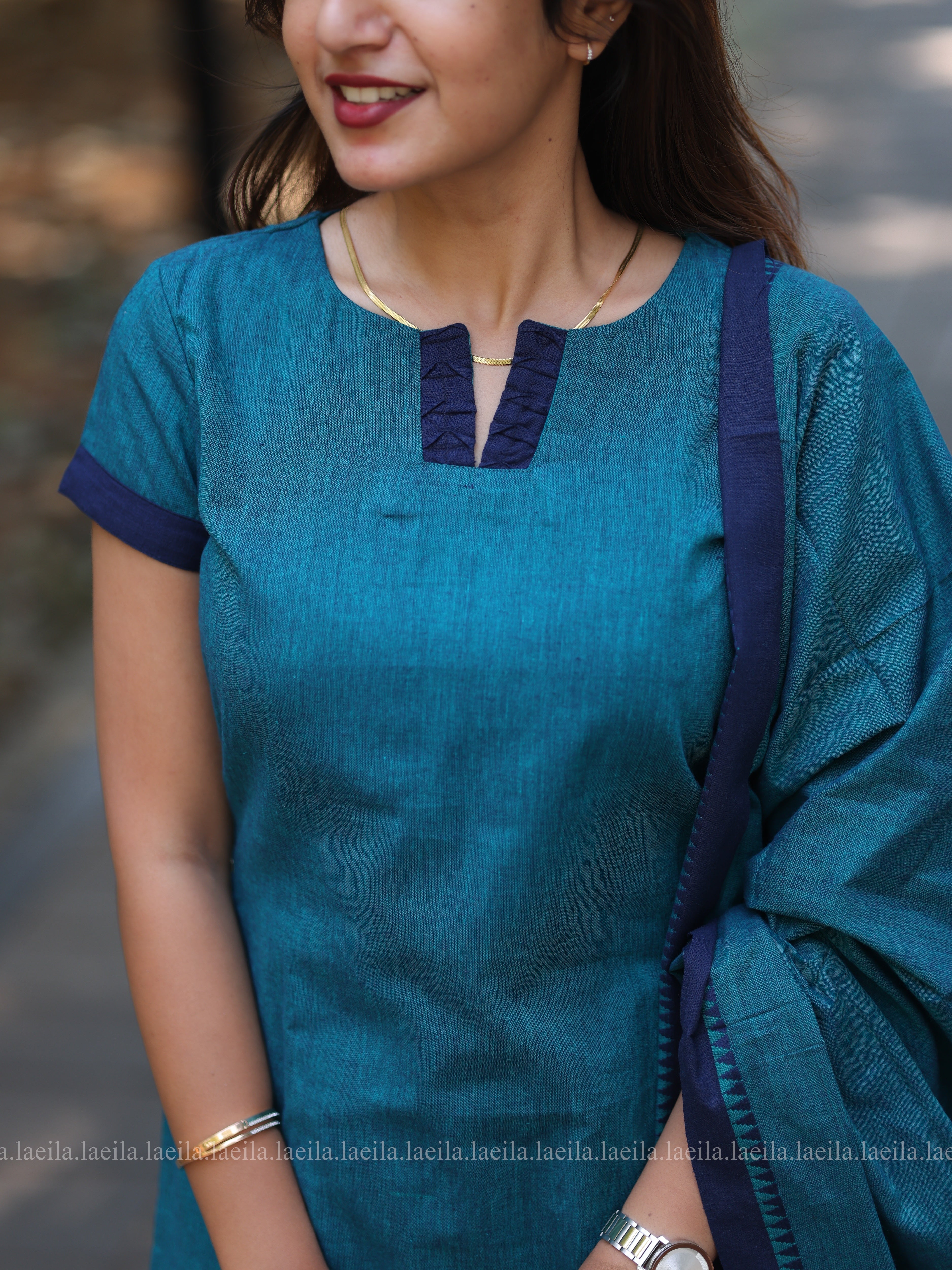 Peacock Blue Cotton Kadhambari Set