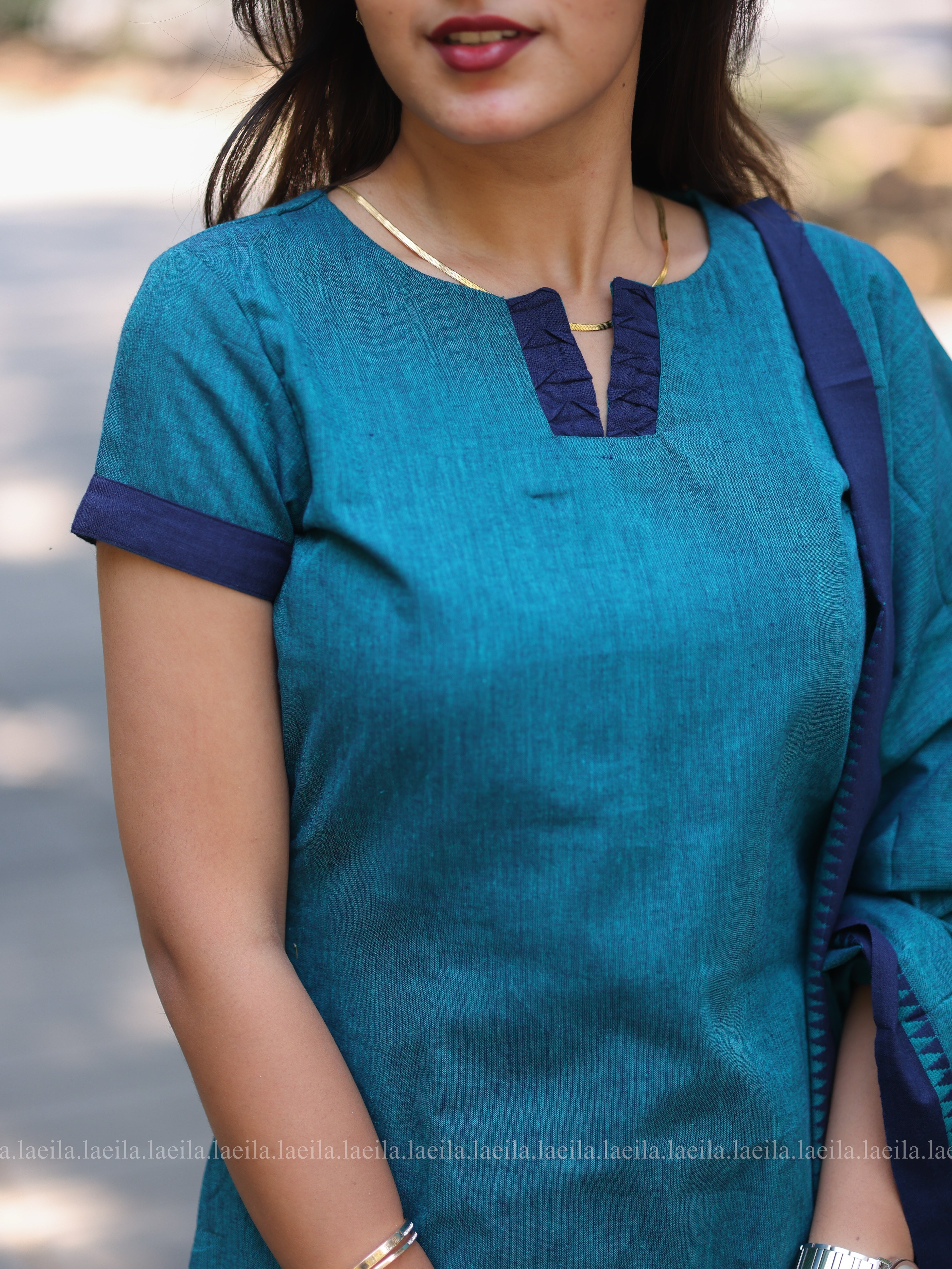 Peacock Blue Cotton Kadhambari Set