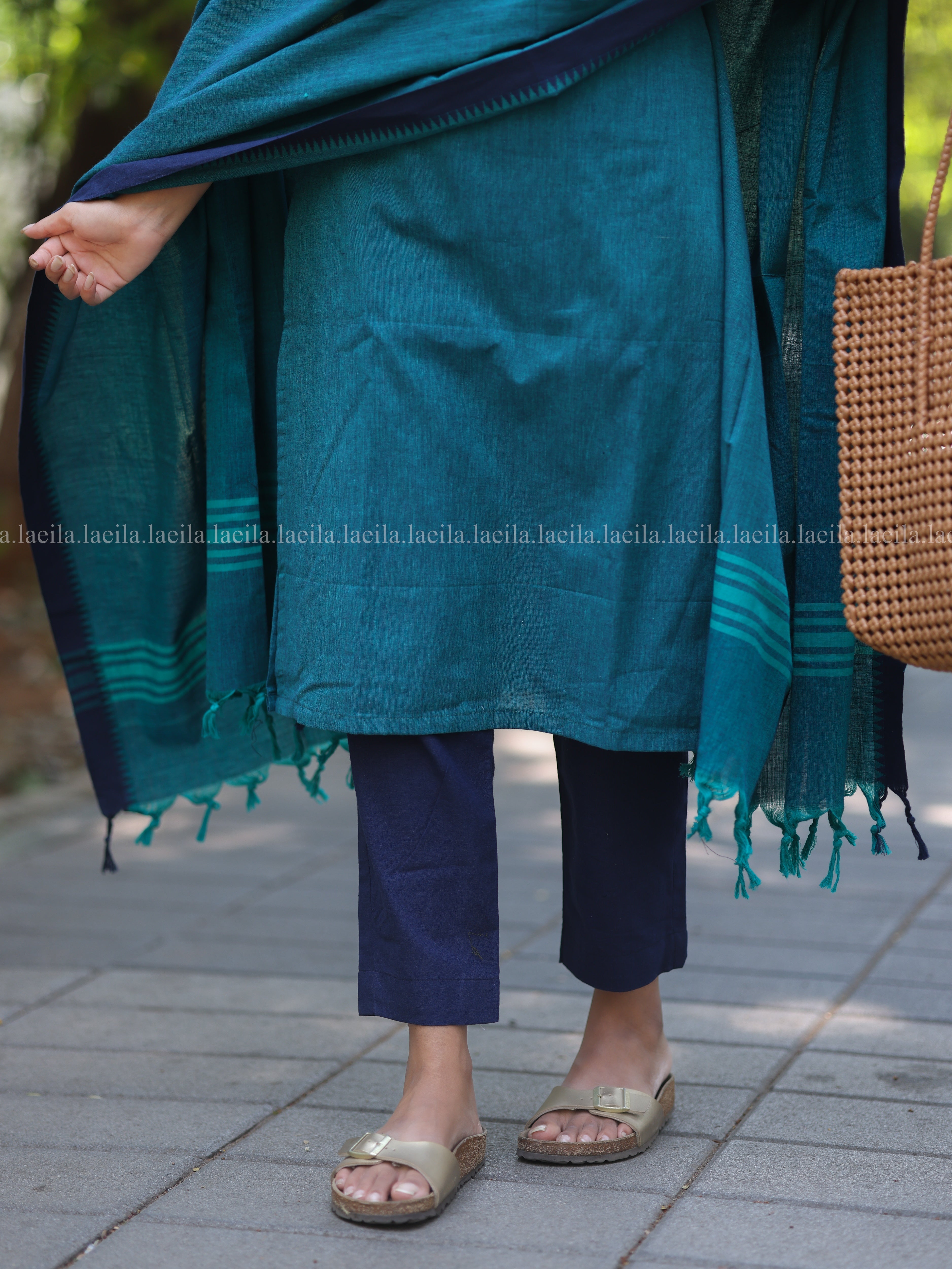 Peacock Blue Cotton Kadhambari Set