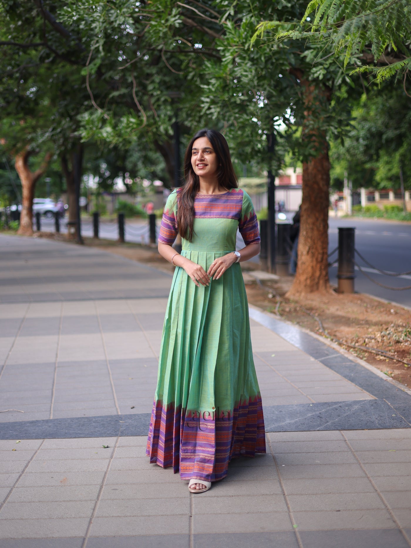 kanchi cotton dress designs Pink Kanchi Cotton Anarkali Dress: Handloom Border, Hand-Embroidered Neck,cotton saree dress,narayanpet dress,border dress,Indian kurta USA