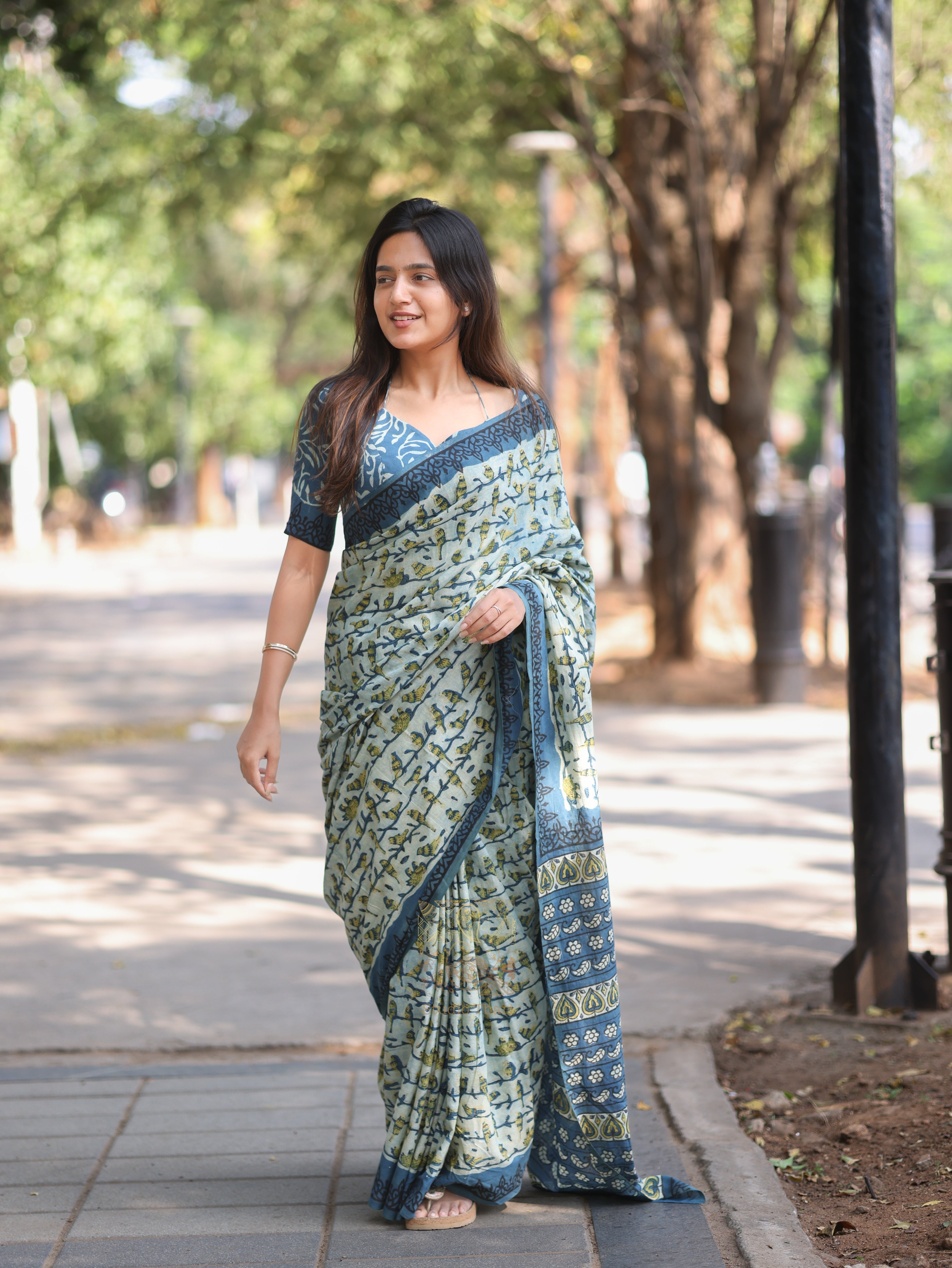 Pure ajrak blue cotton printed saree