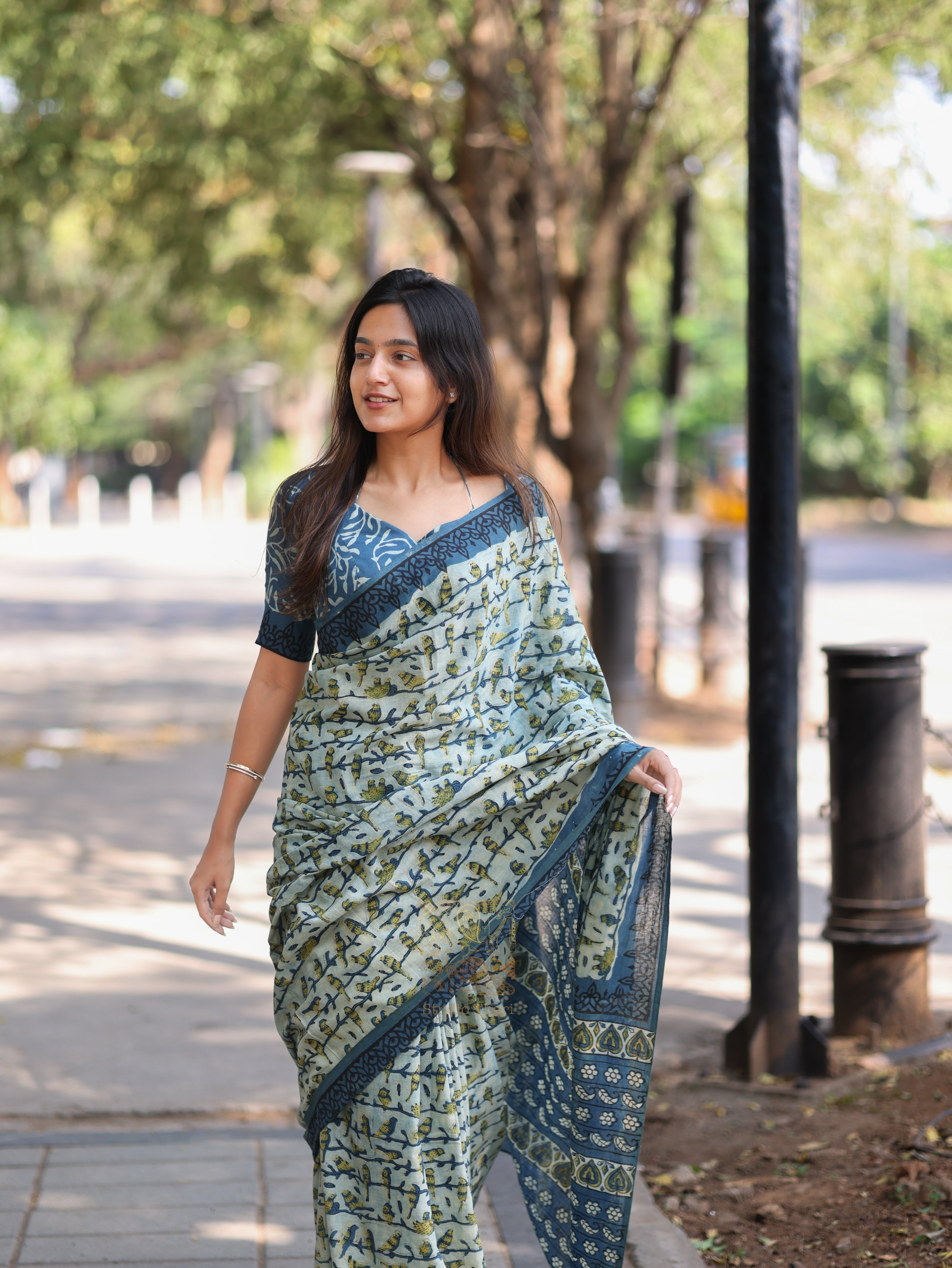 Pure ajrak blue cotton printed saree