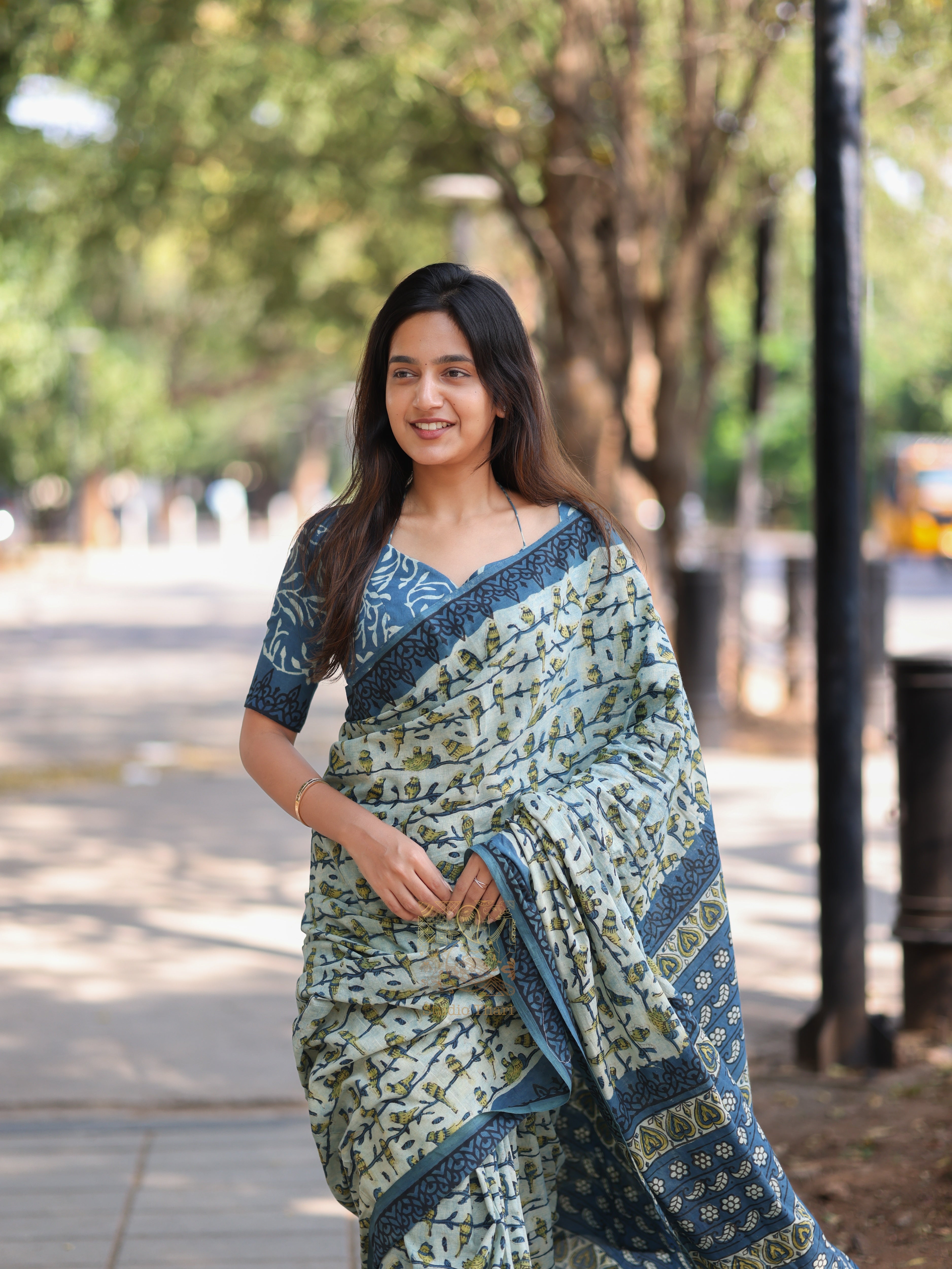 Pure ajrak blue cotton printed saree