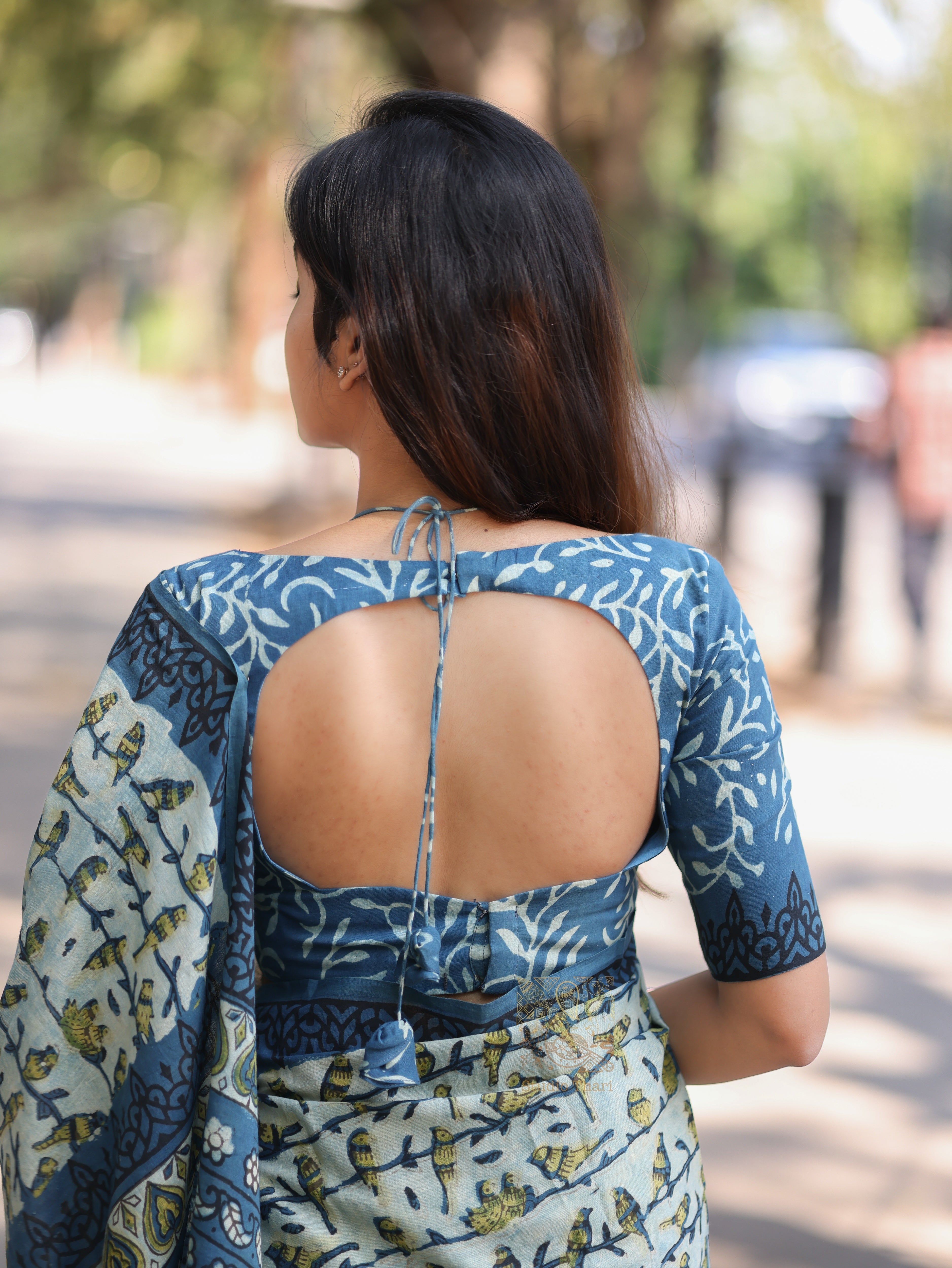 Pure ajrak blue cotton printed saree