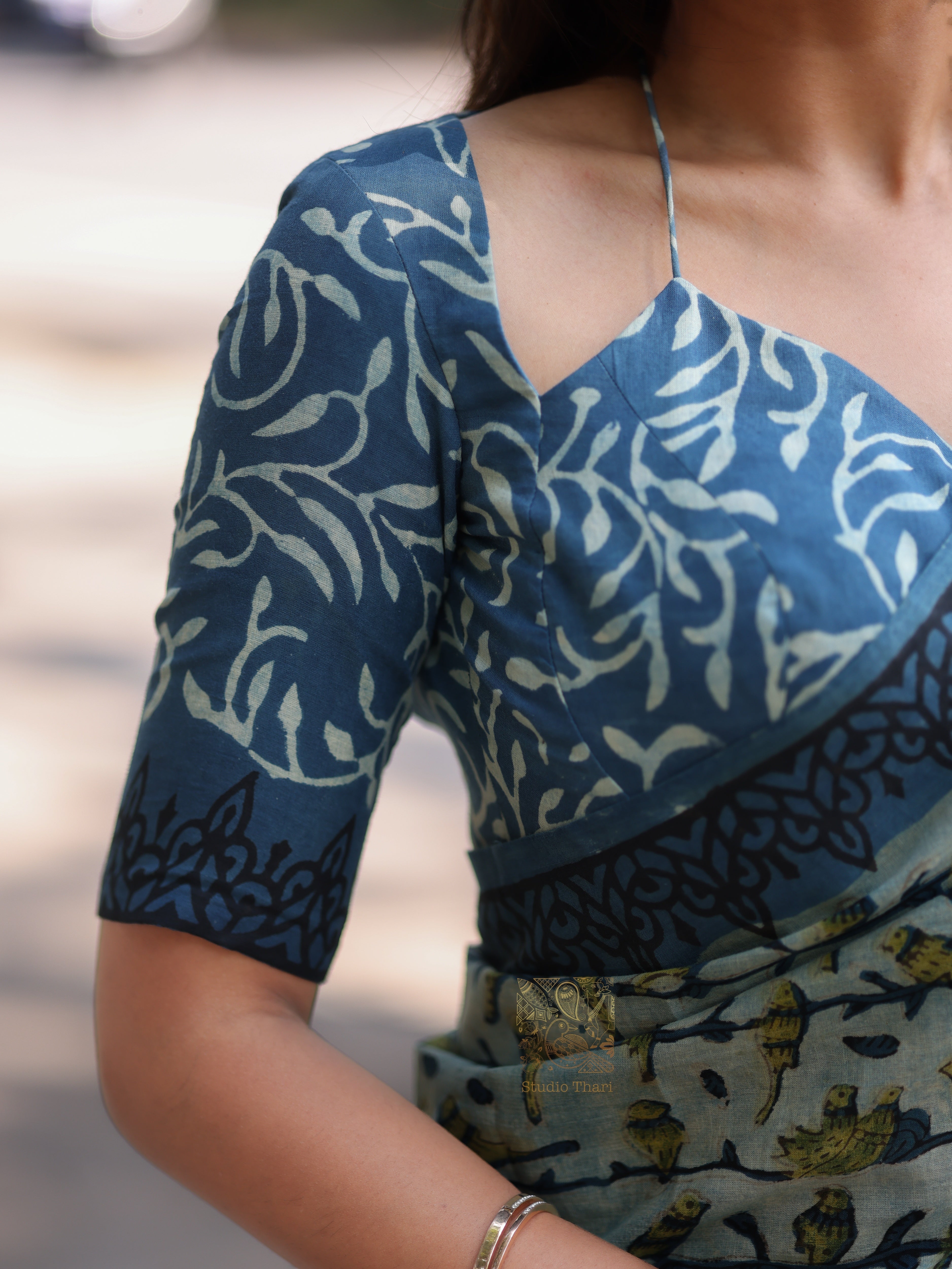 Pure ajrak blue cotton printed saree