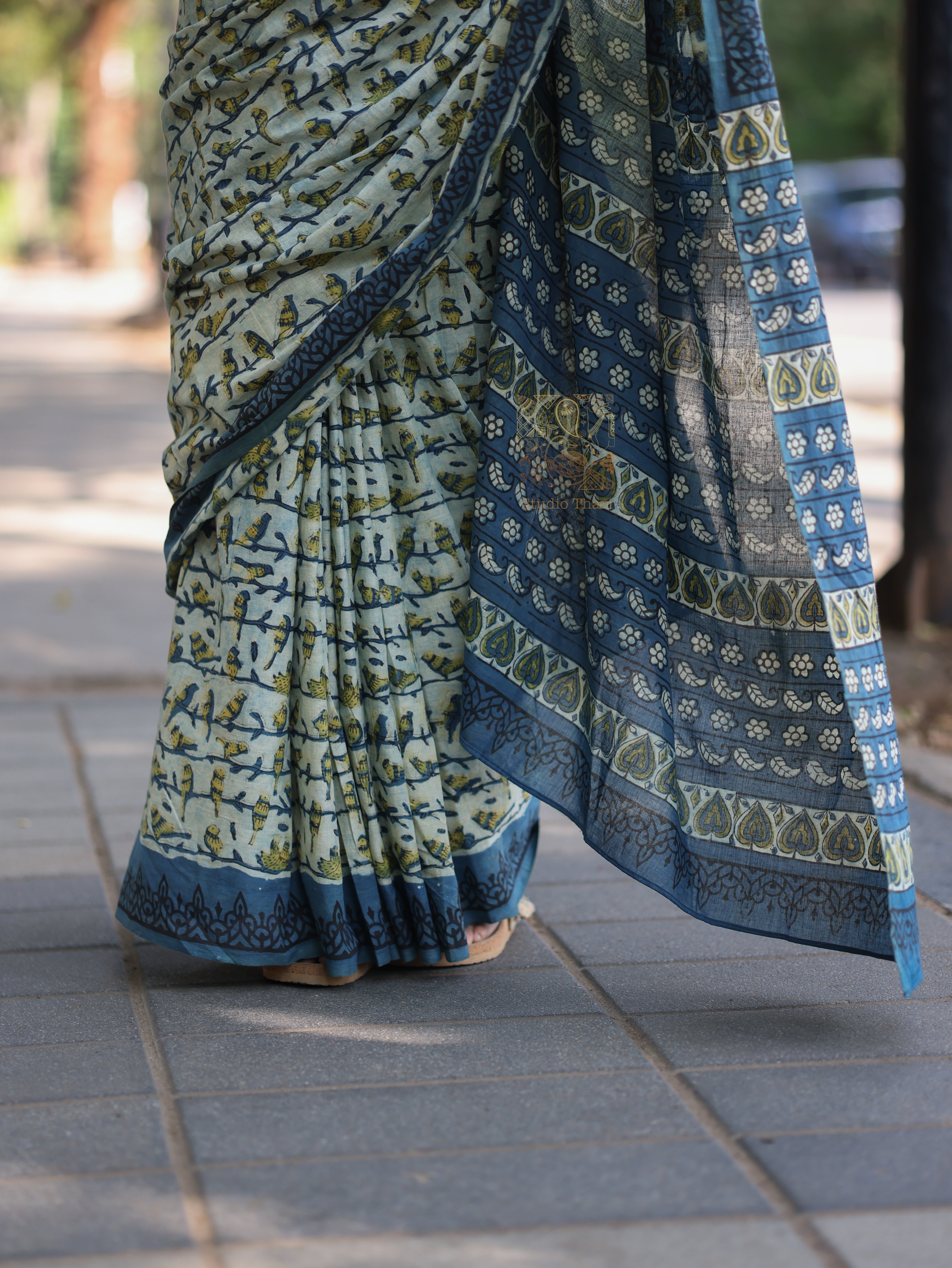 Pure ajrak blue cotton printed saree