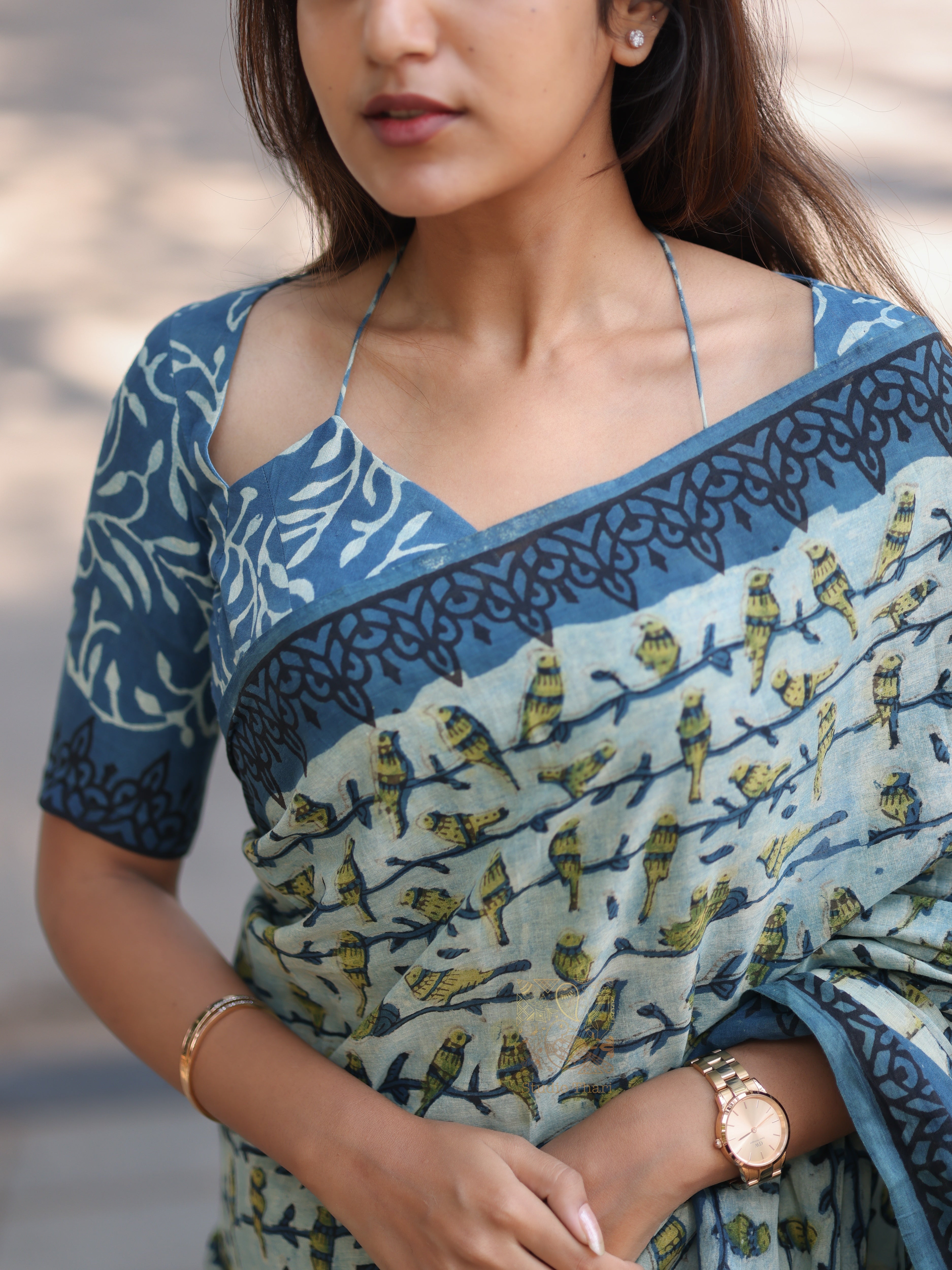 Pure ajrak blue cotton printed saree