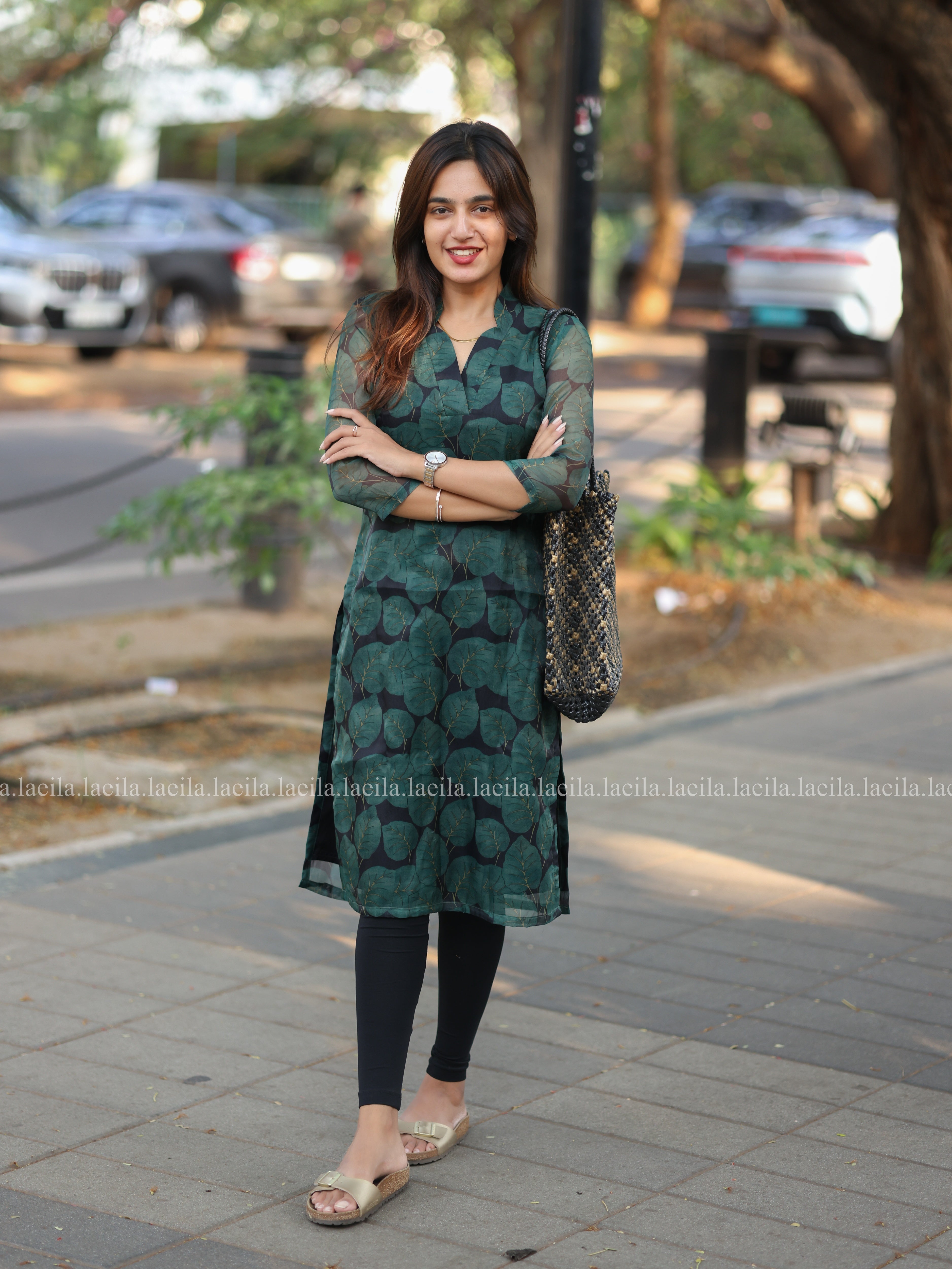 Dark Green Leaf Organza Top