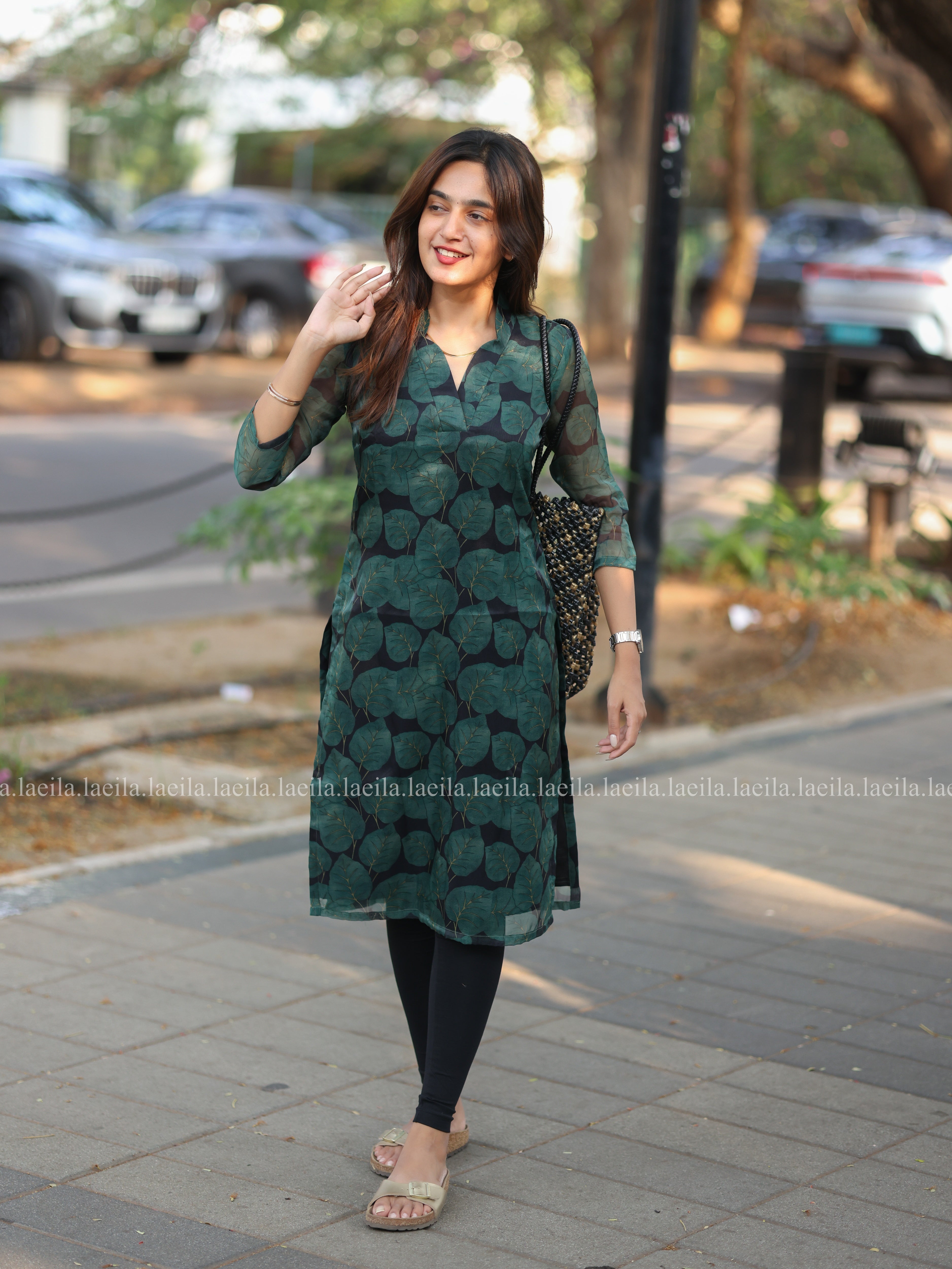 Dark Green Leaf Organza Top