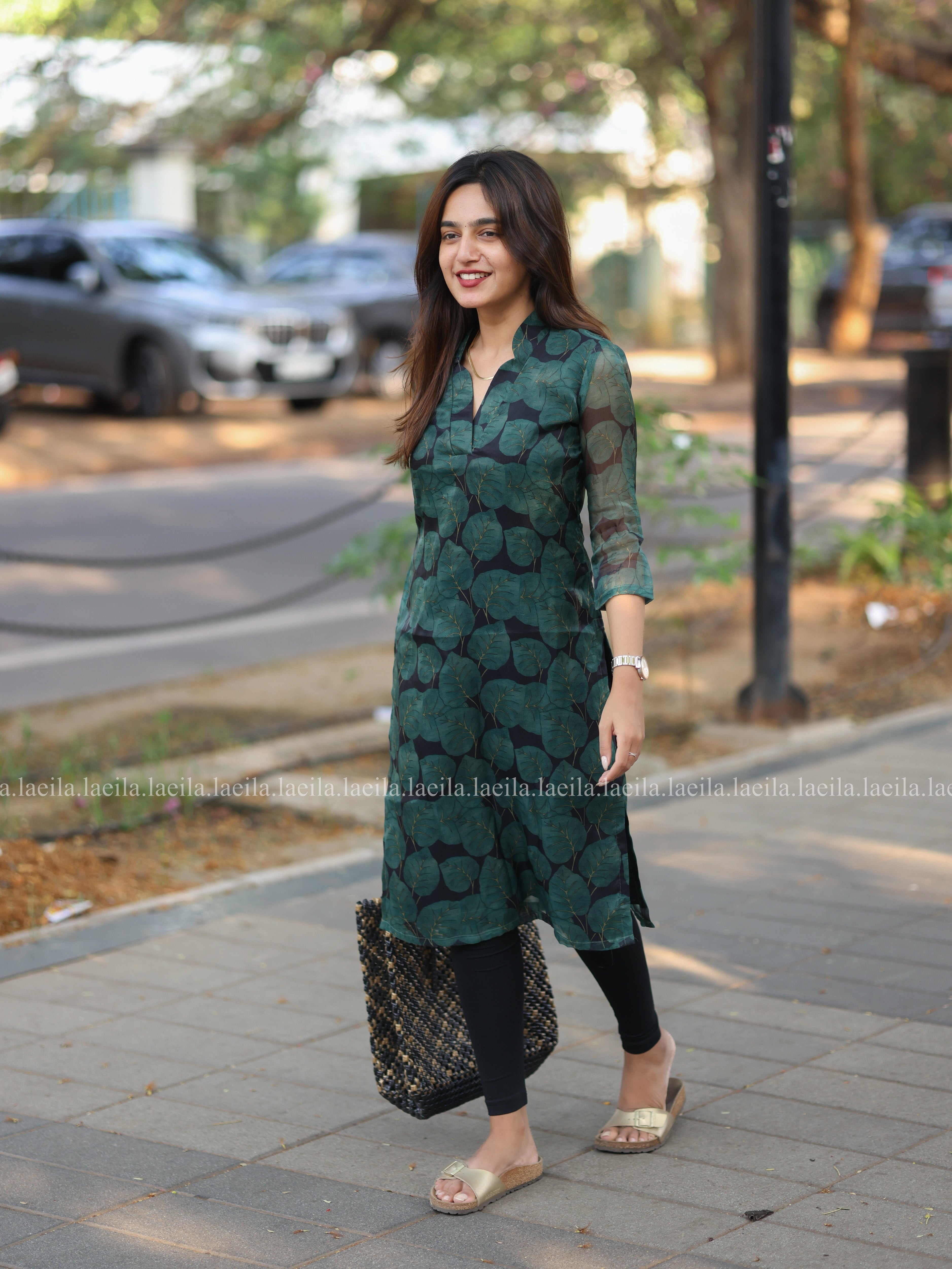 Dark Green Leaf Organza Top