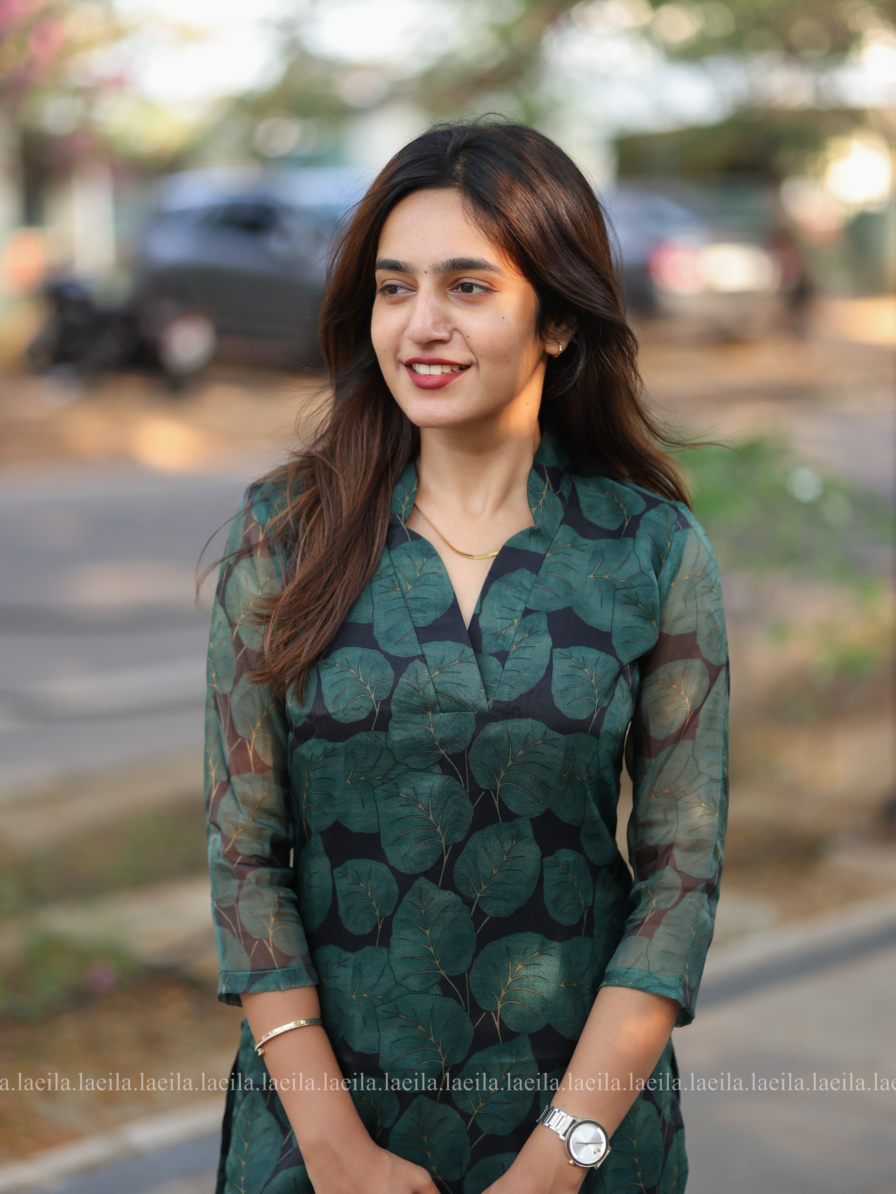 Dark Green Leaf Organza Top