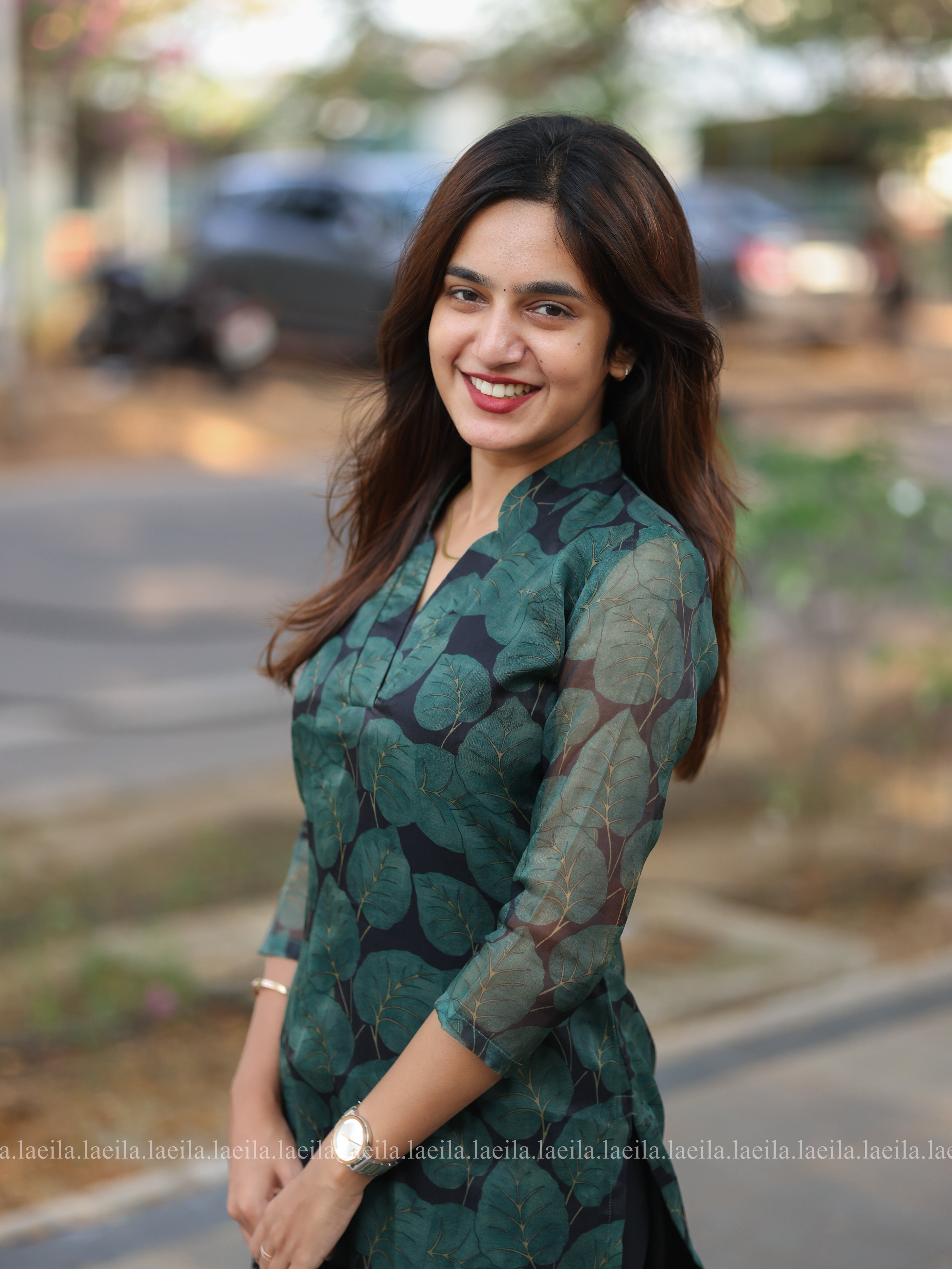 Dark Green Leaf Organza Top