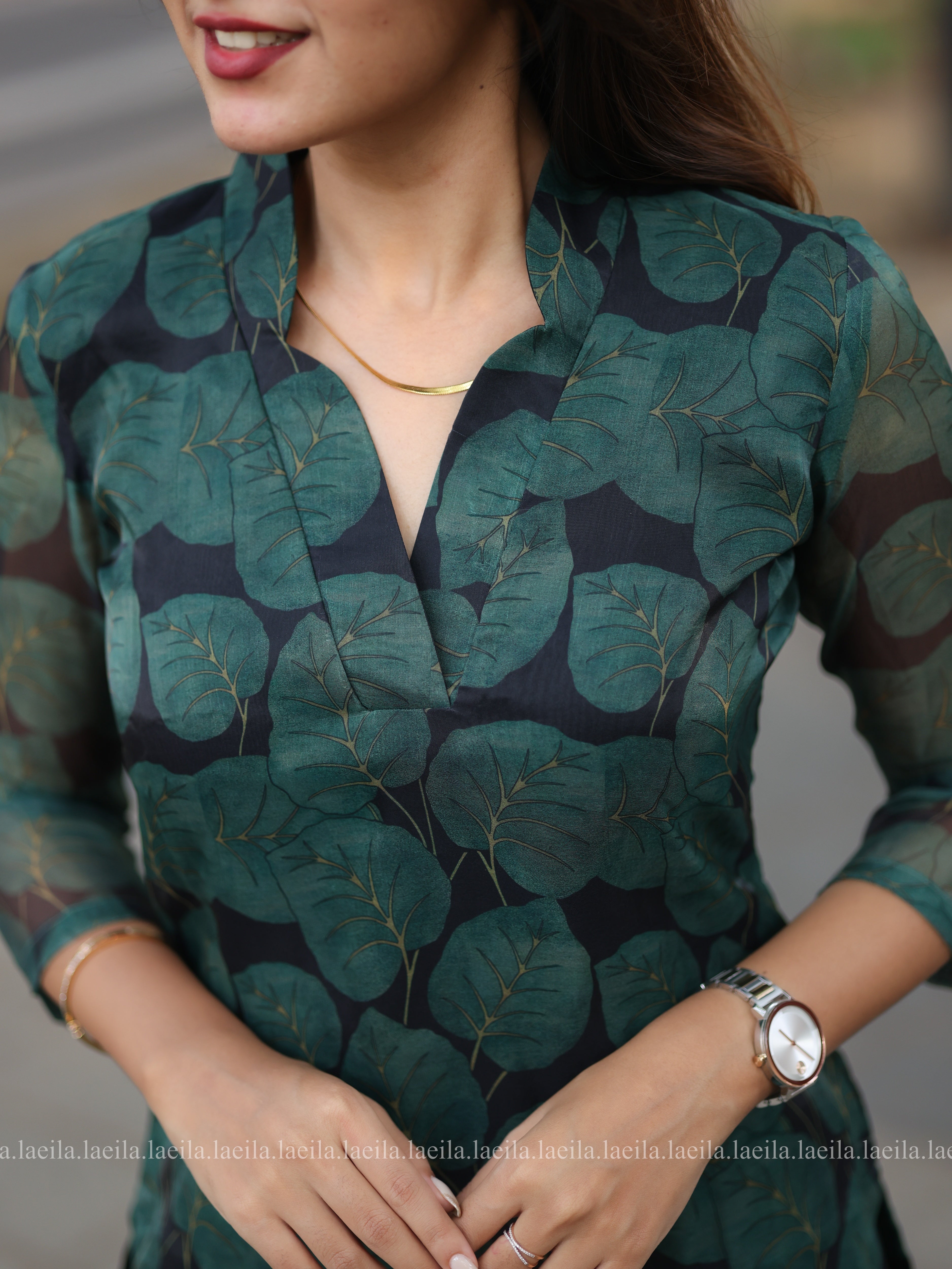 Dark Green Leaf Organza Top