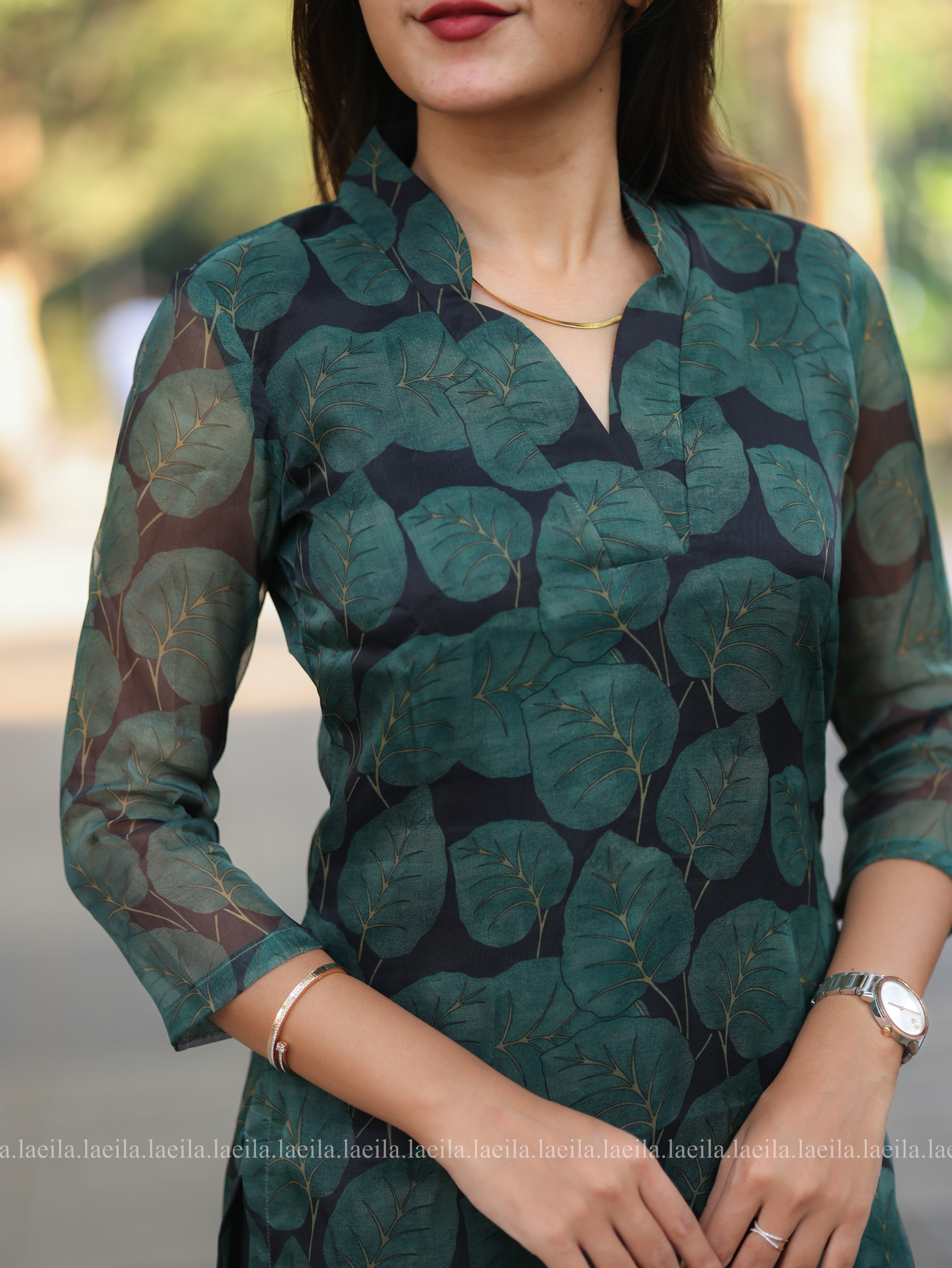 Dark Green Leaf Organza Top