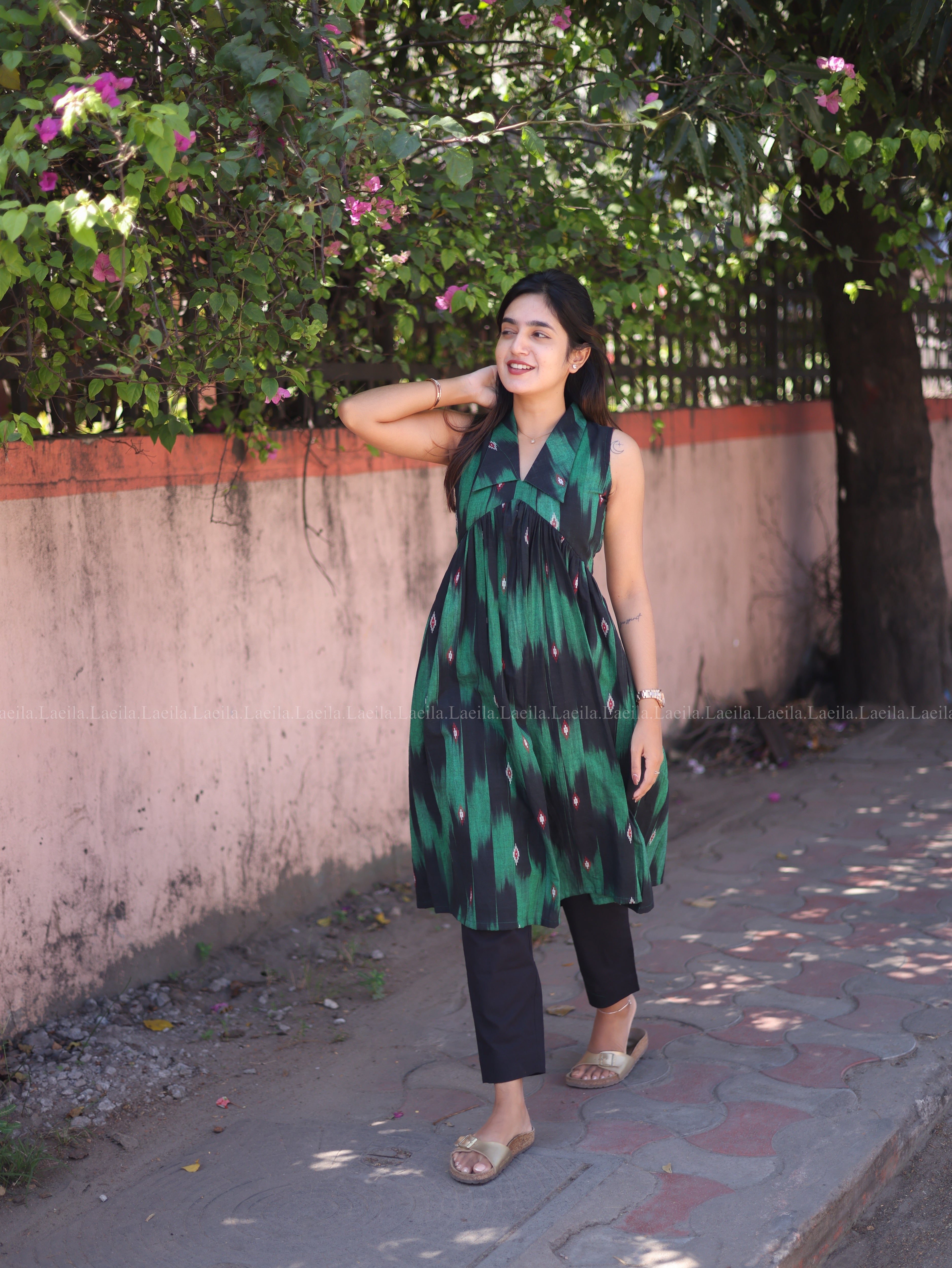 Green ikkat alia cut kurta