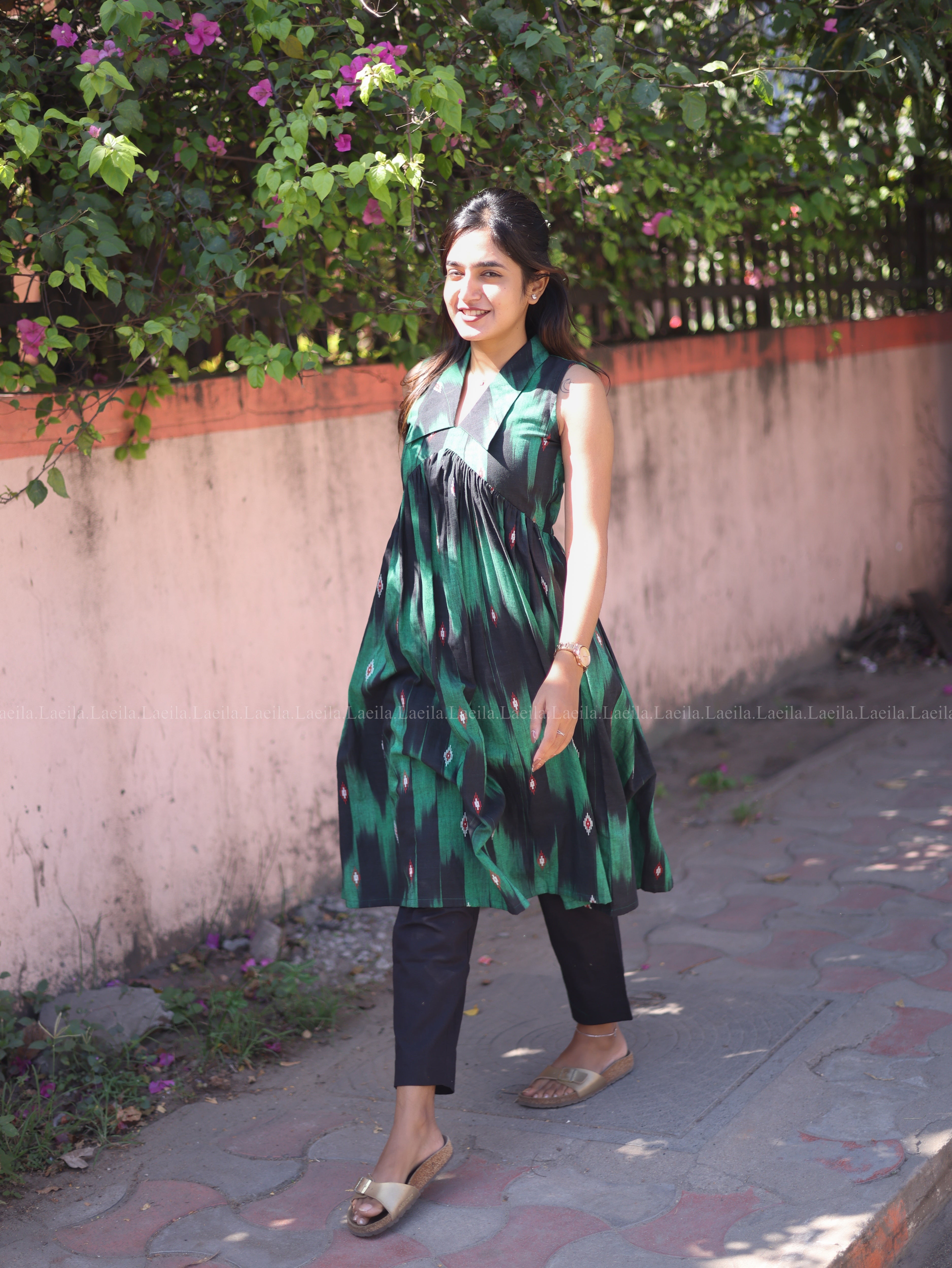 Green ikkat alia cut kurta