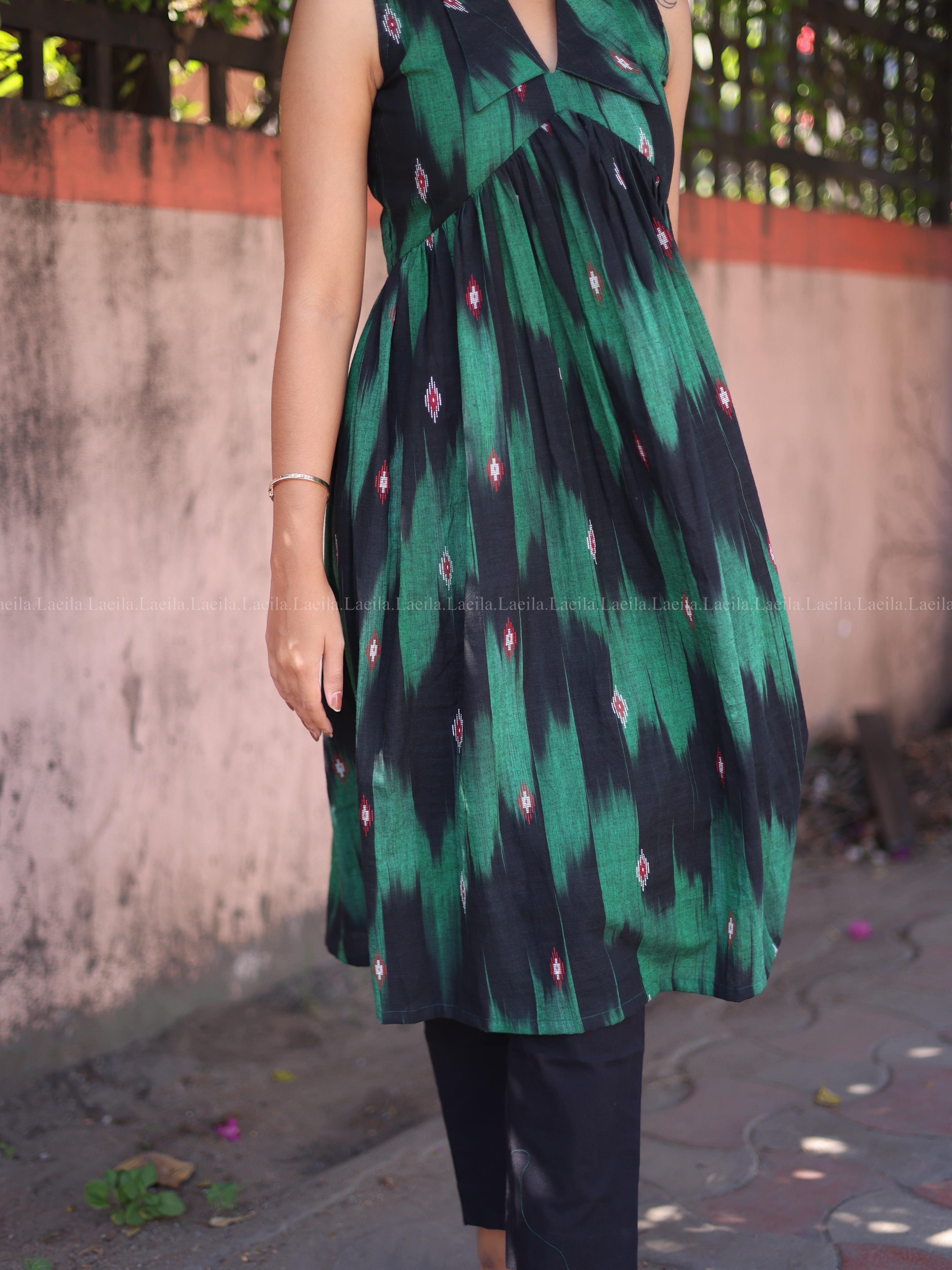 Green ikkat alia cut kurta