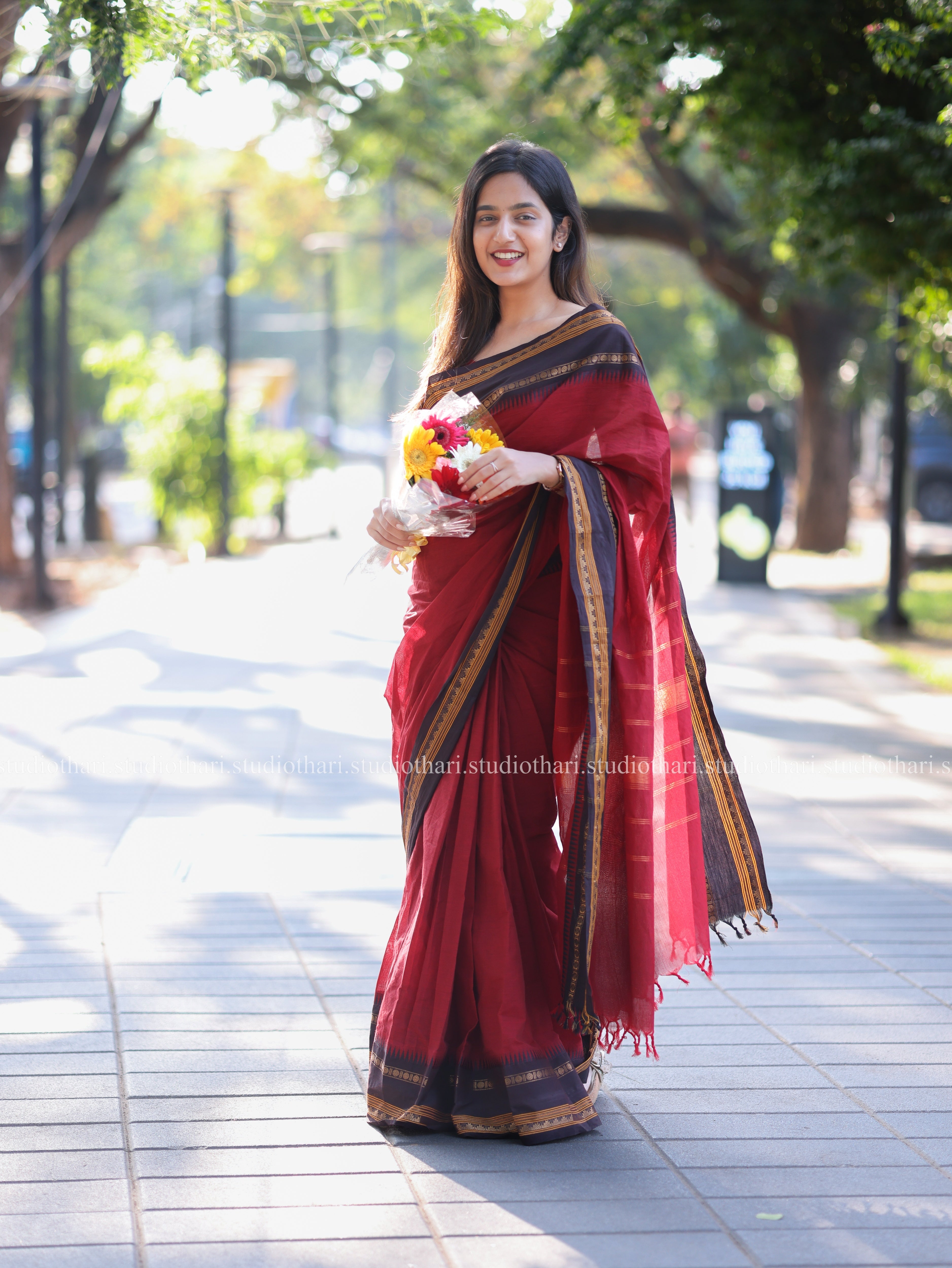 Red with Brown 'Parvati' Chettinad Cotton Saree