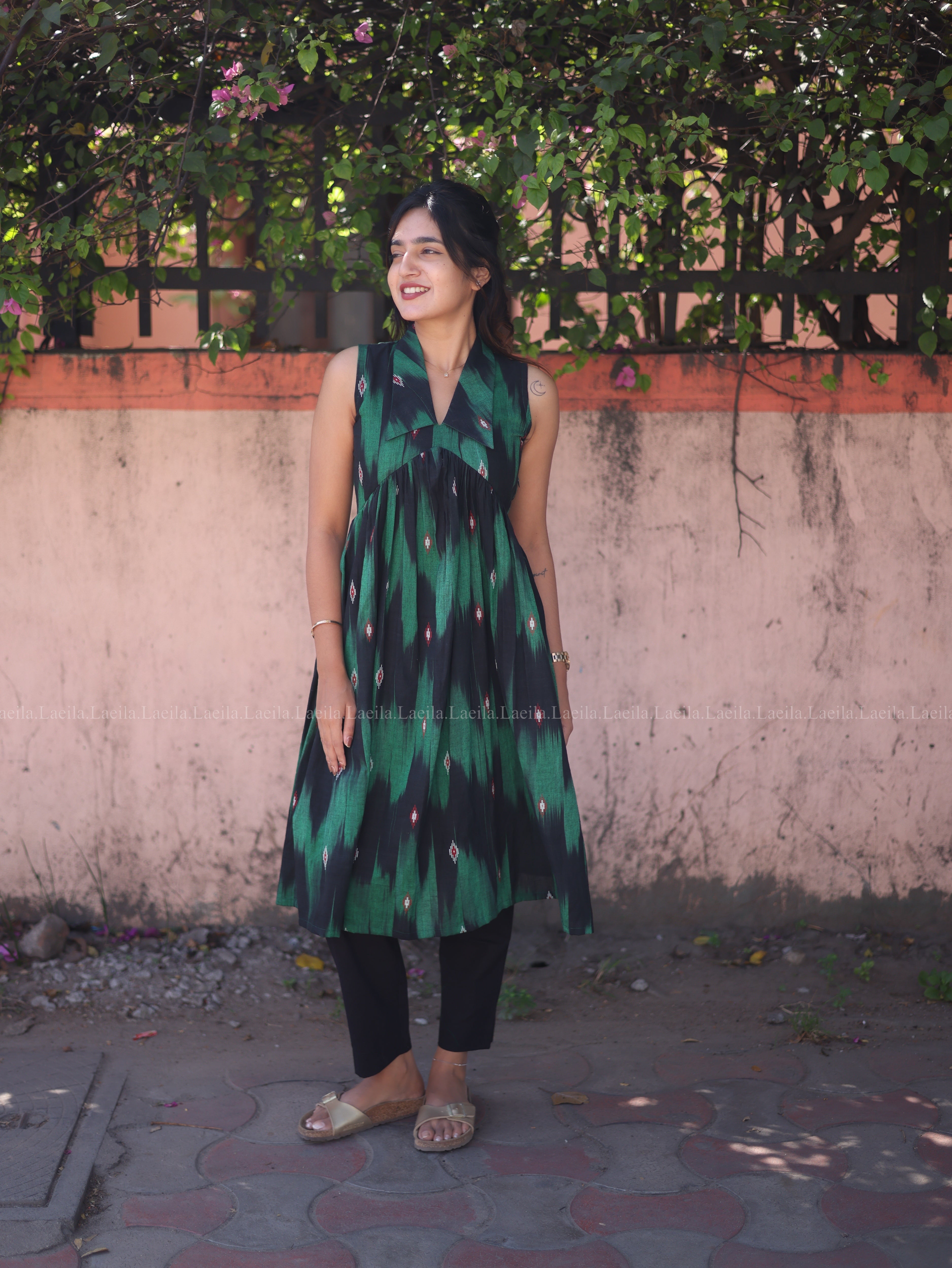 Green ikkat alia cut kurta