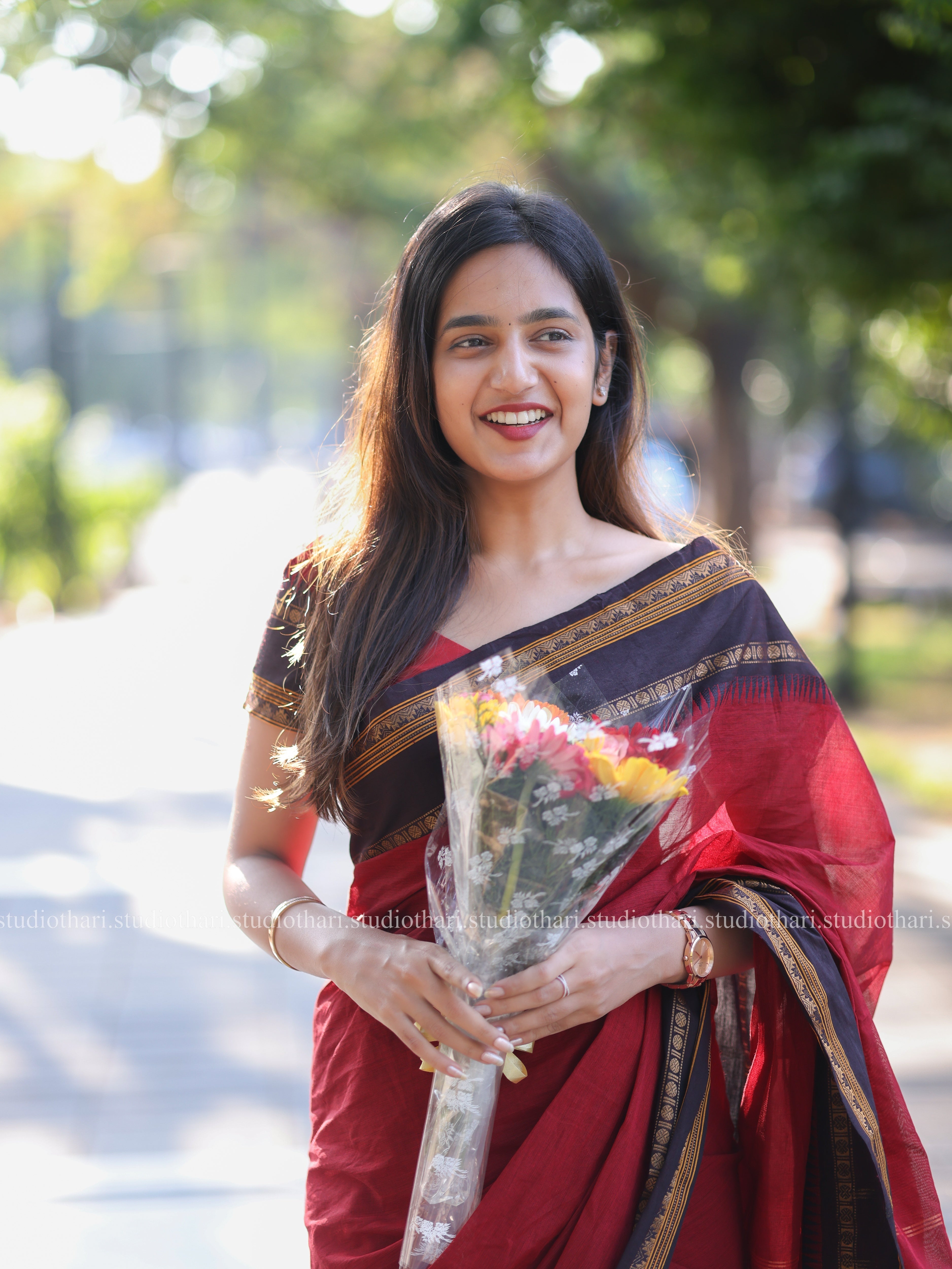 Red with Brown 'Parvati' Chettinad Cotton Saree