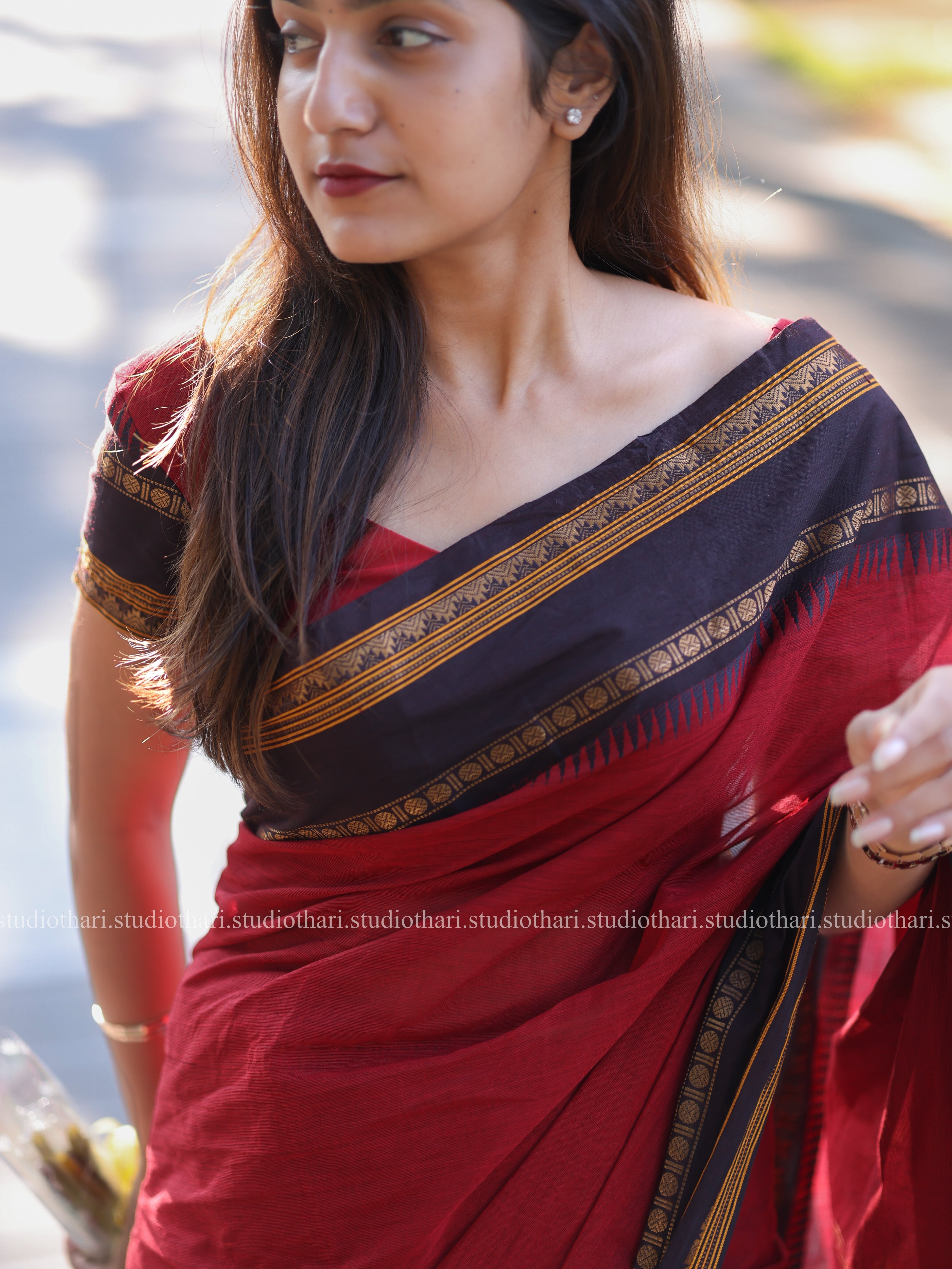 Red with Brown 'Parvati' Chettinad Cotton Saree
