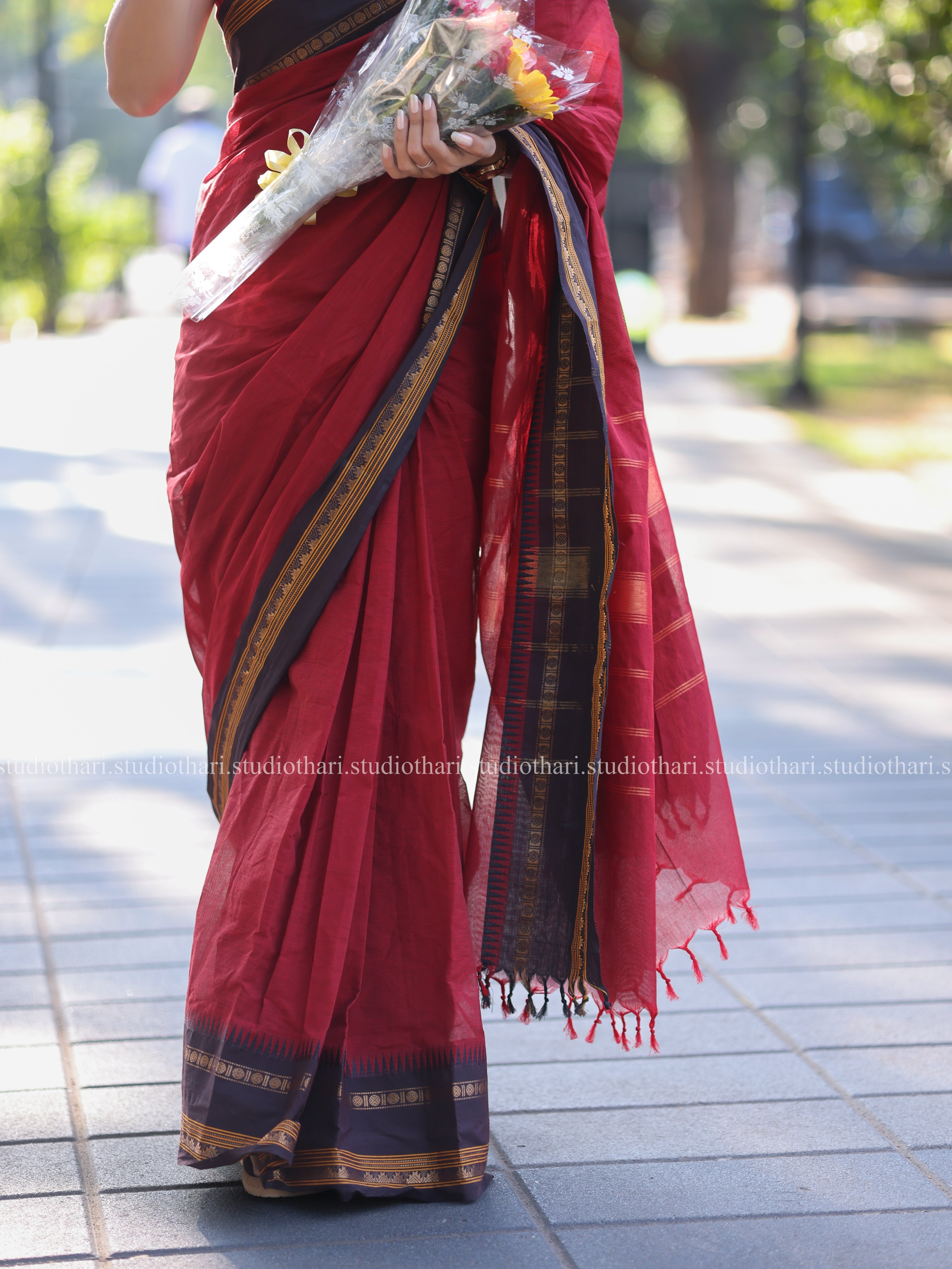 Red with Brown 'Parvati' Chettinad Cotton Saree