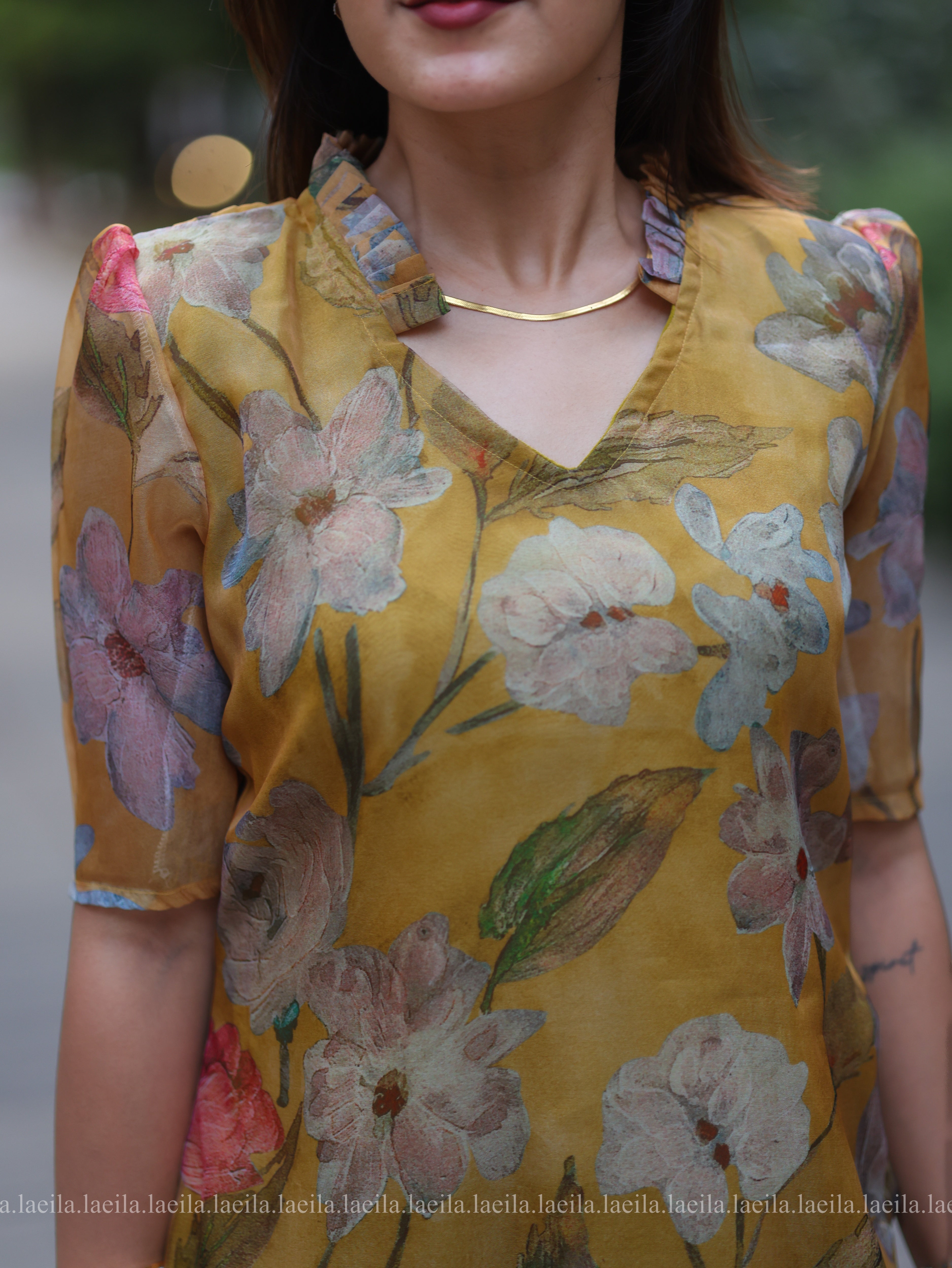 Mustard Floral Organza Top