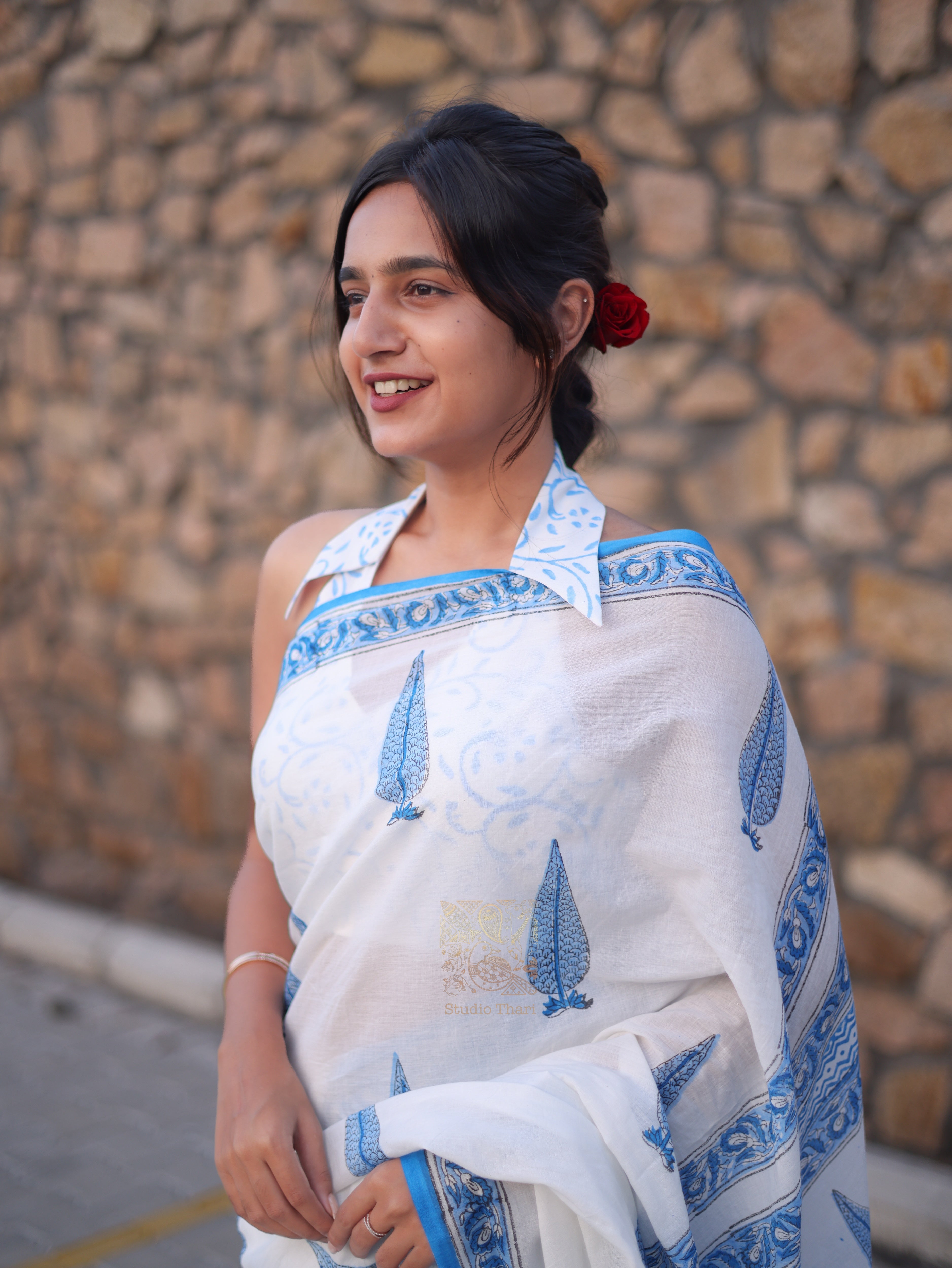 White with Blue Pure cotton saree