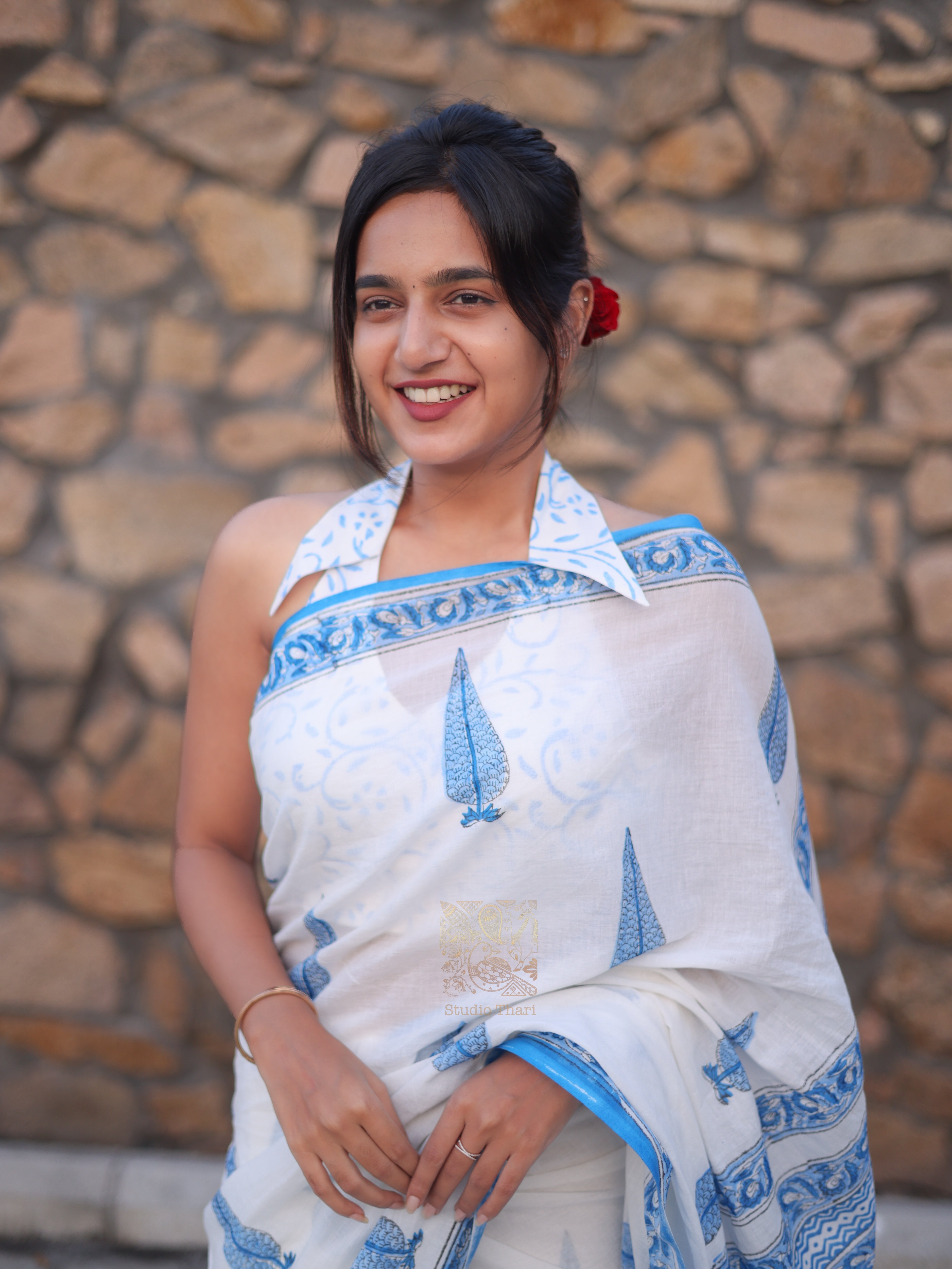 White with Blue Pure cotton saree