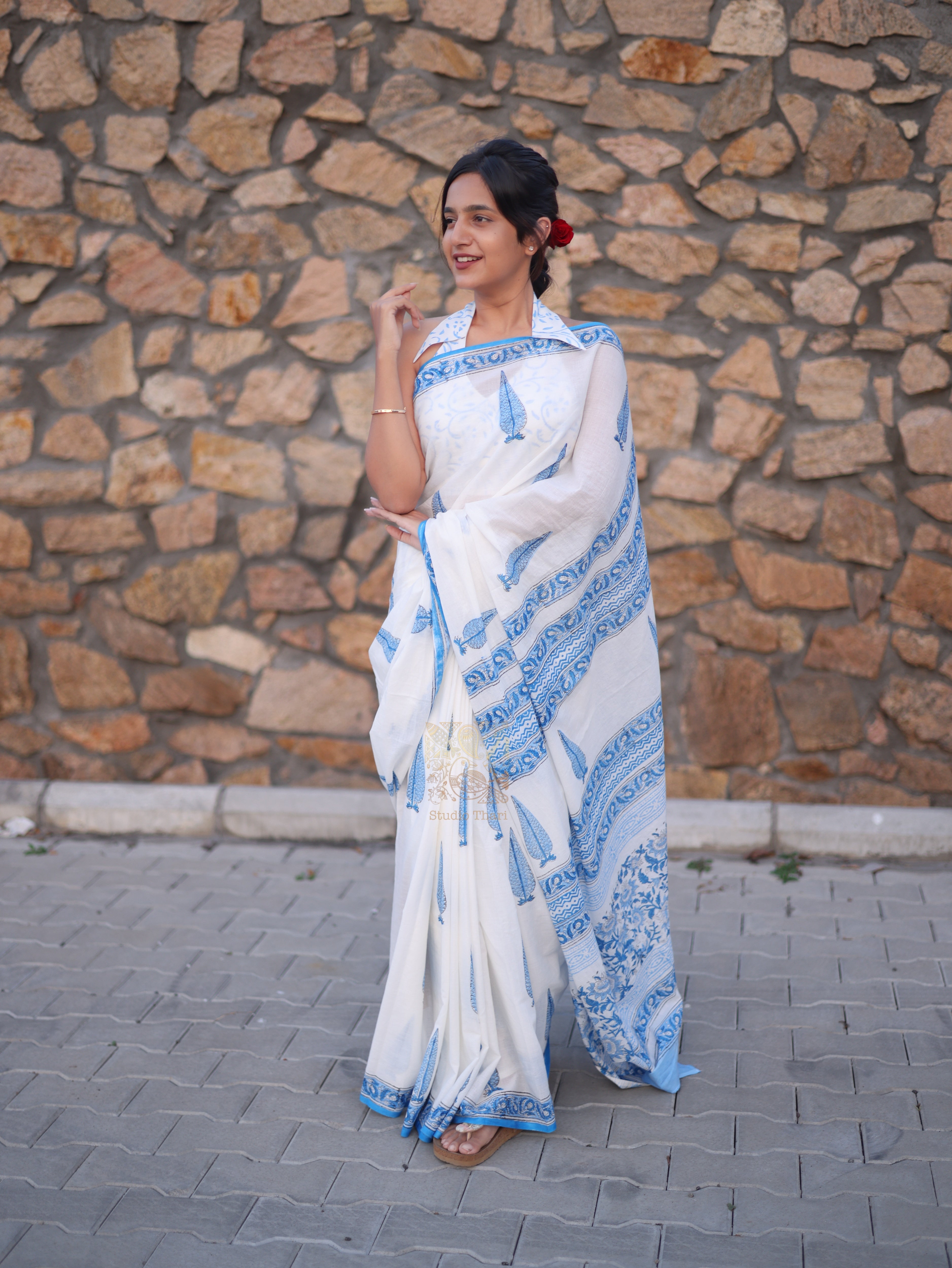 White with Blue Pure cotton saree