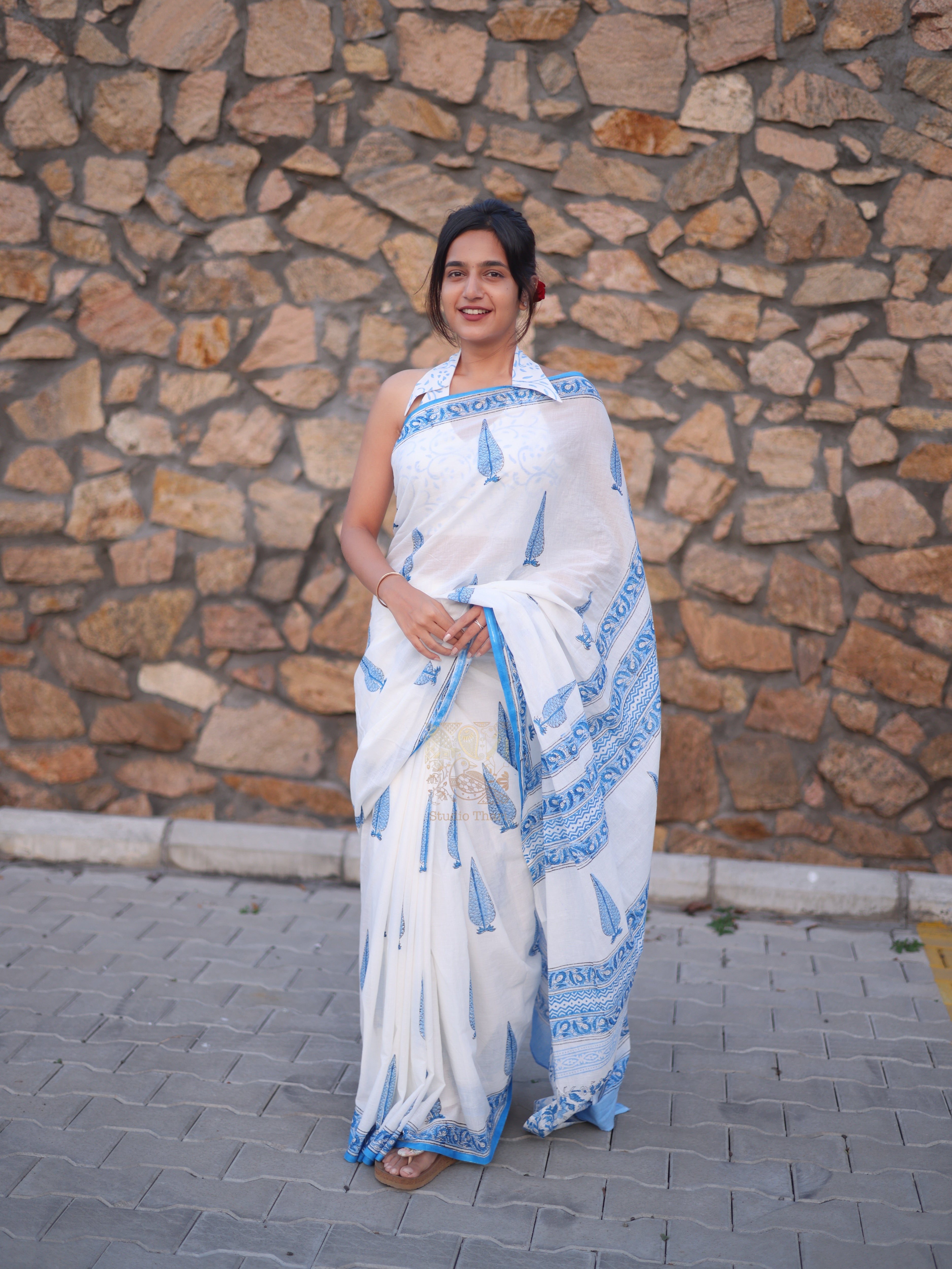 White with Blue Pure cotton saree