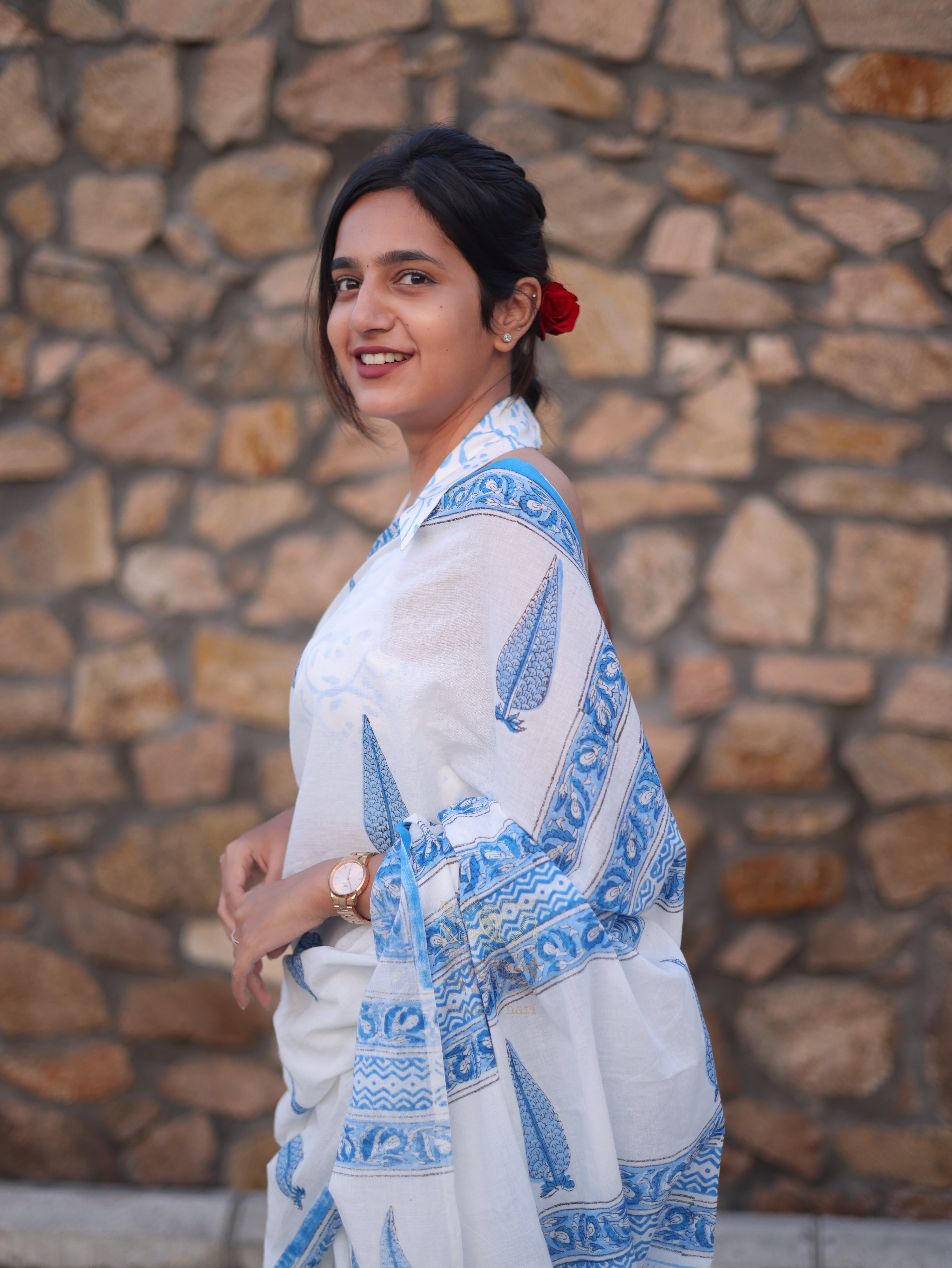 White with Blue Pure cotton saree