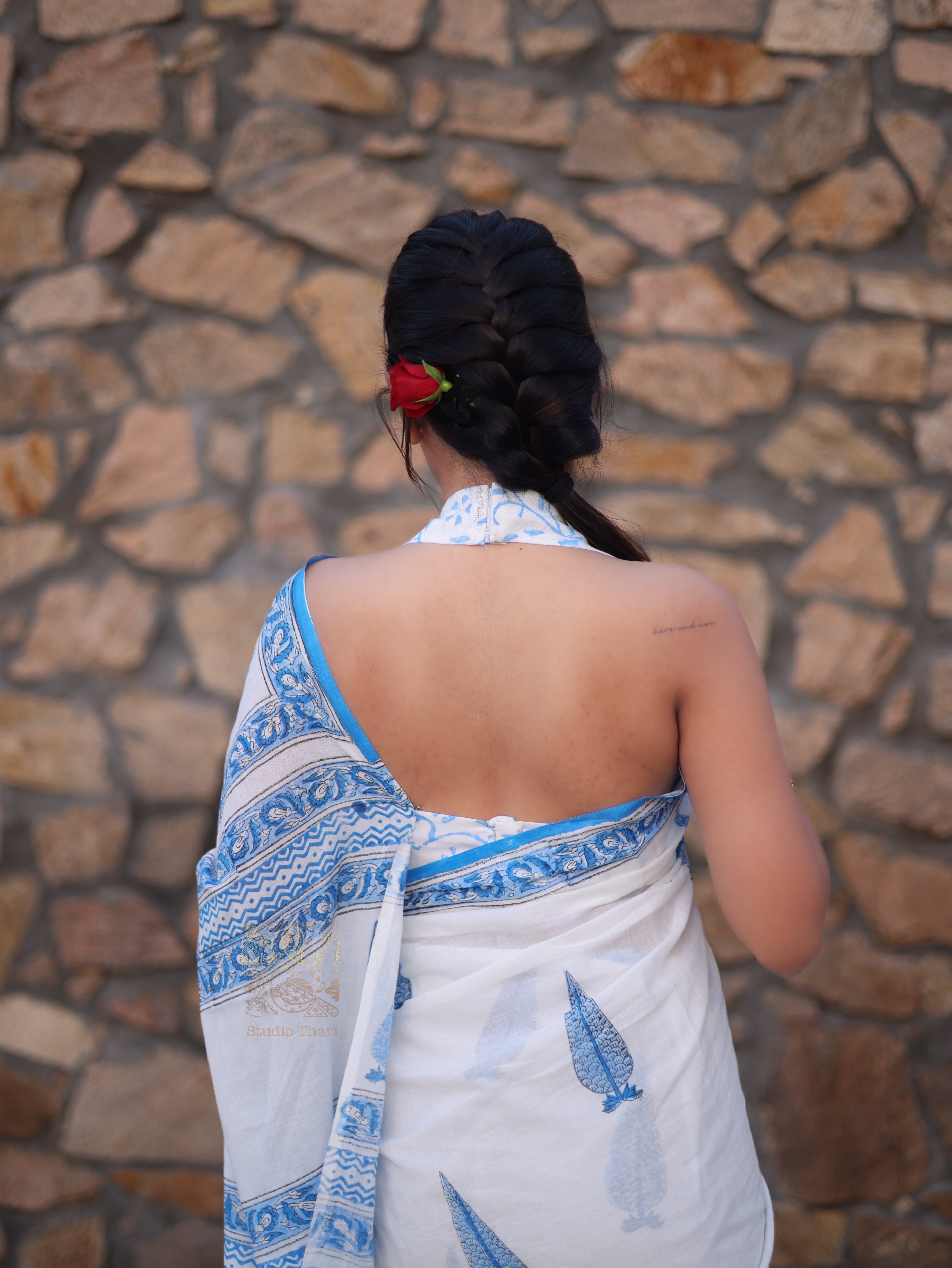 White with Blue Pure cotton saree