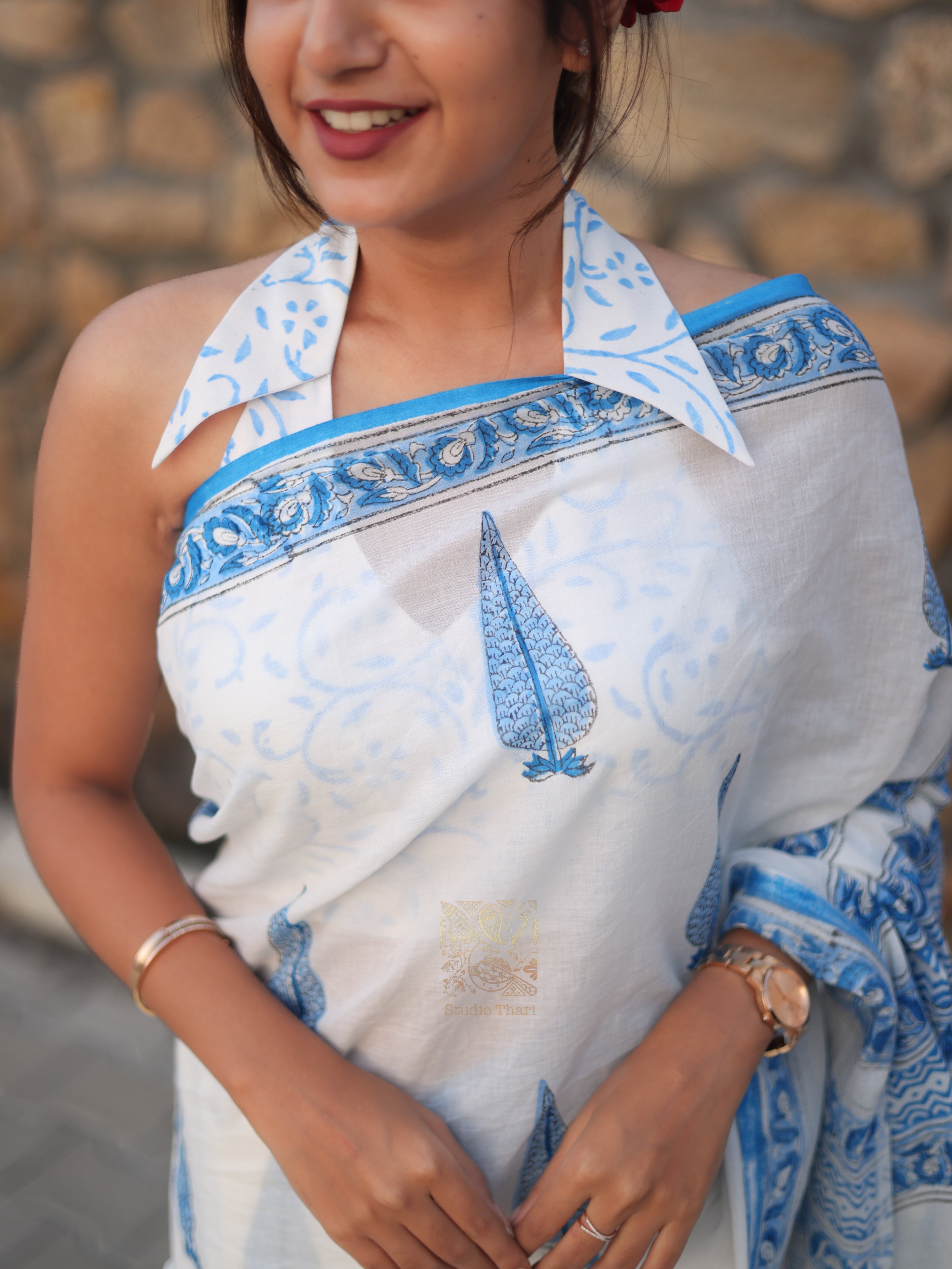 White with Blue Pure cotton saree