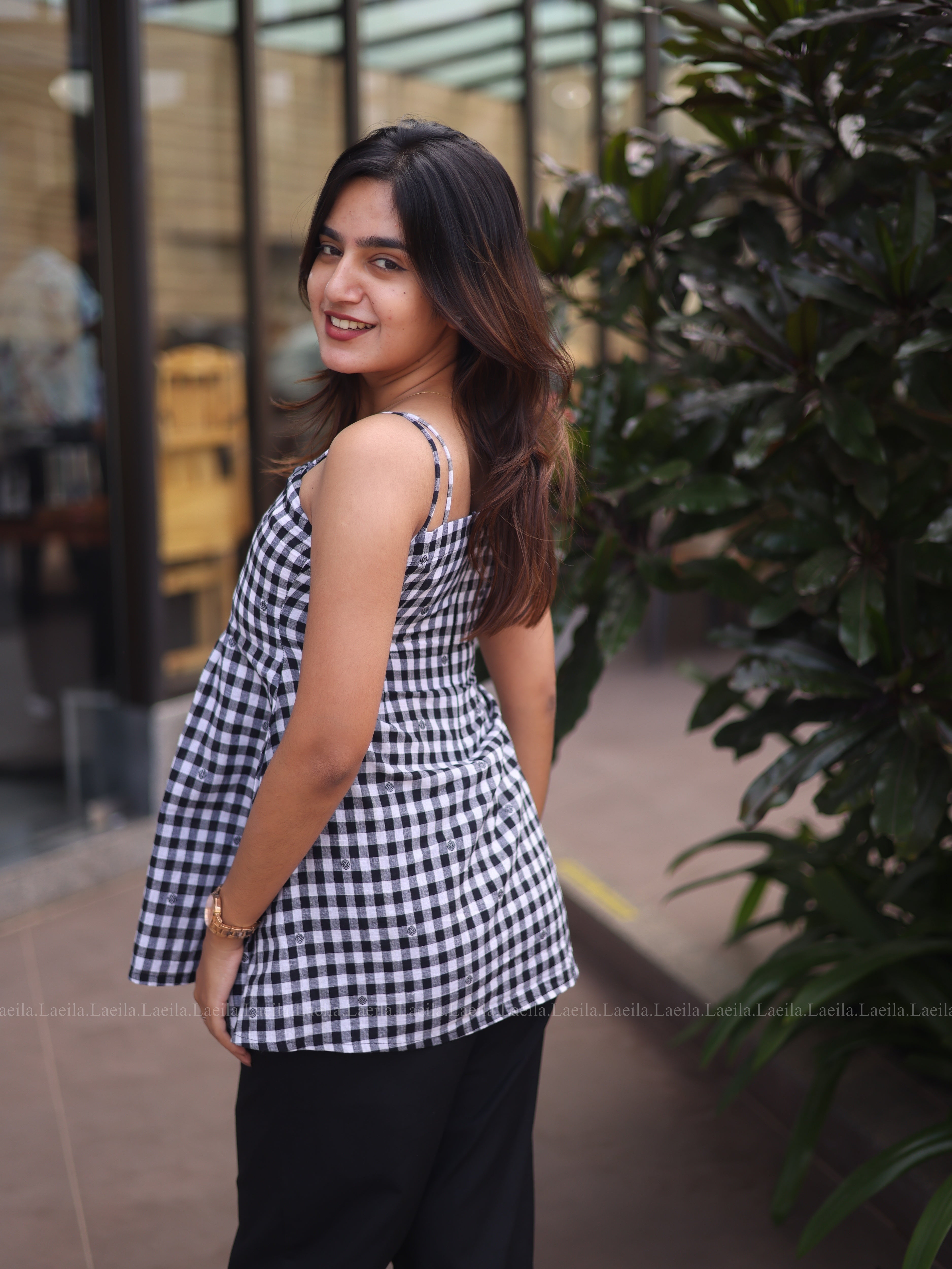 Black gingham short top