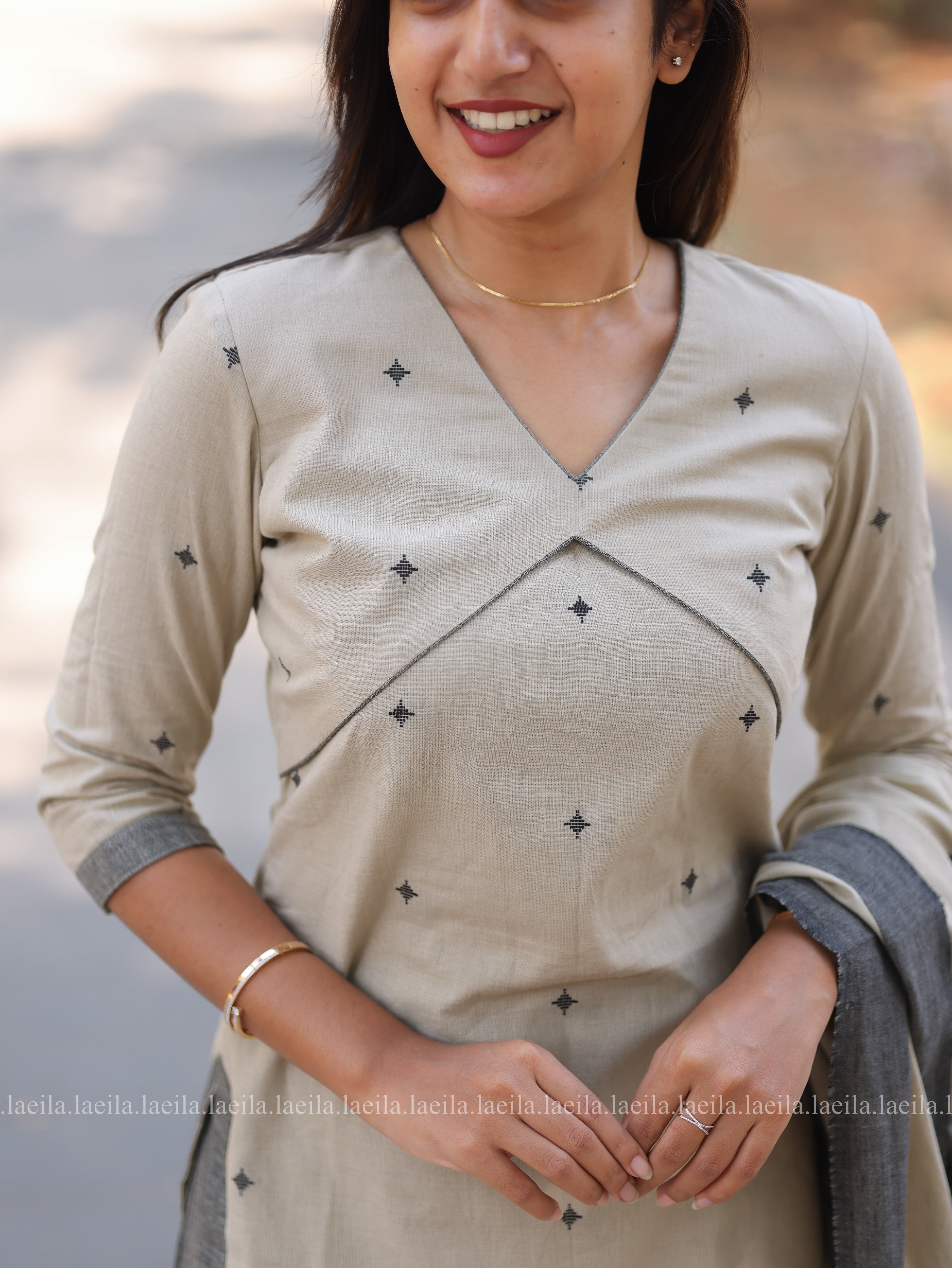 Beige with grey Cotton kadhambari set