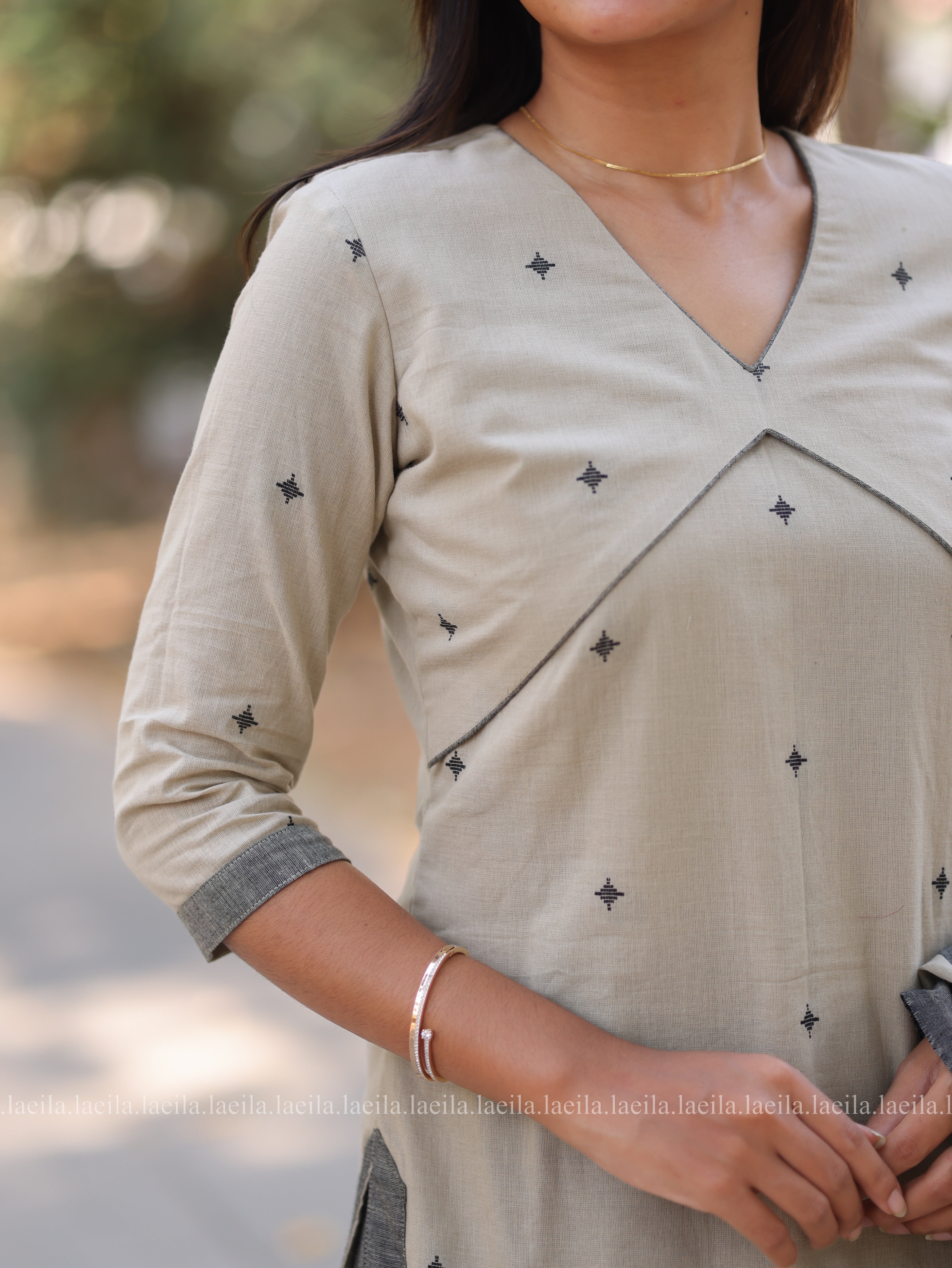 Beige with grey Cotton kadhambari set