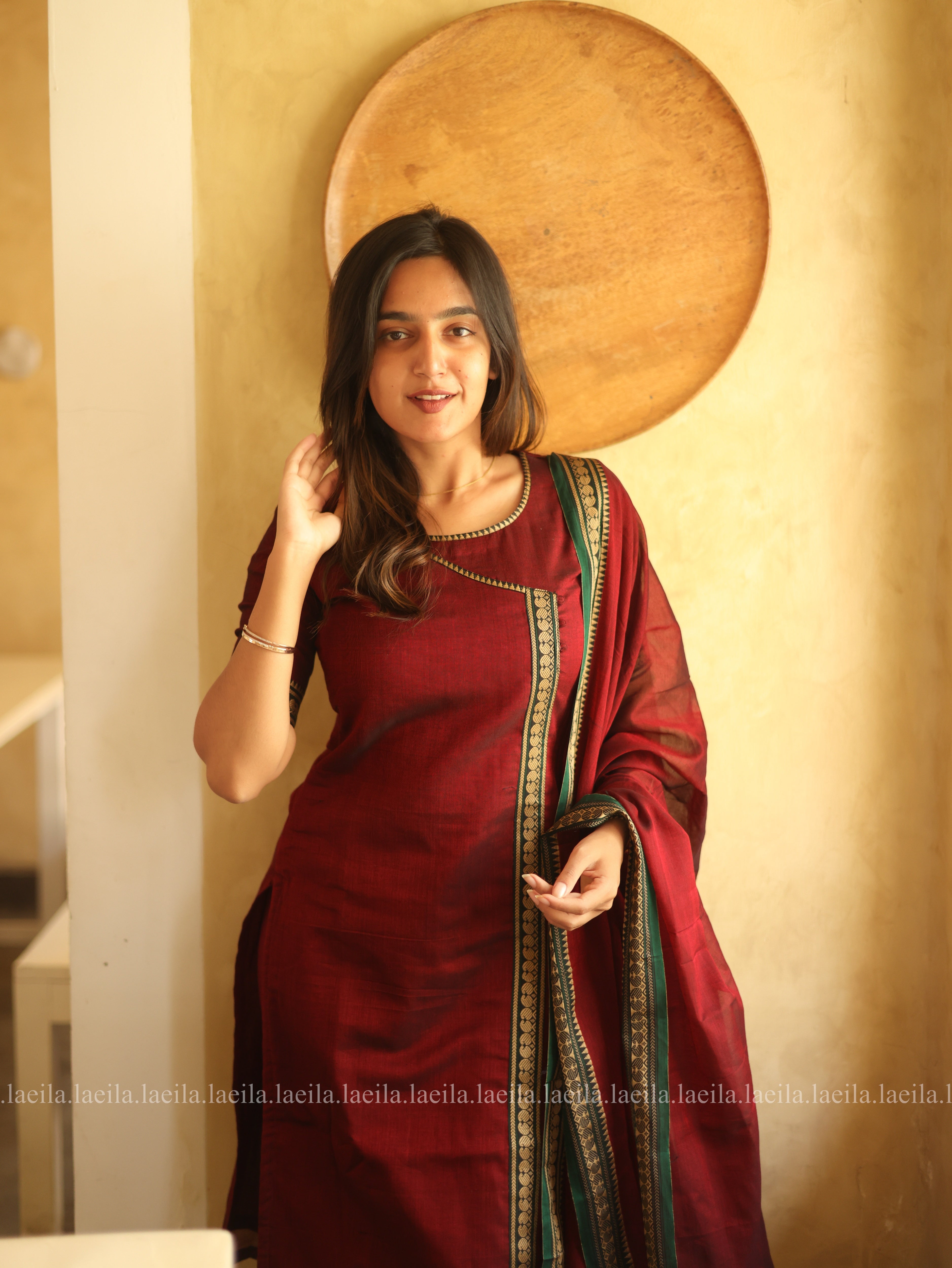 Maroon Malar Narayanpet Cotton Top & Dupatta Set