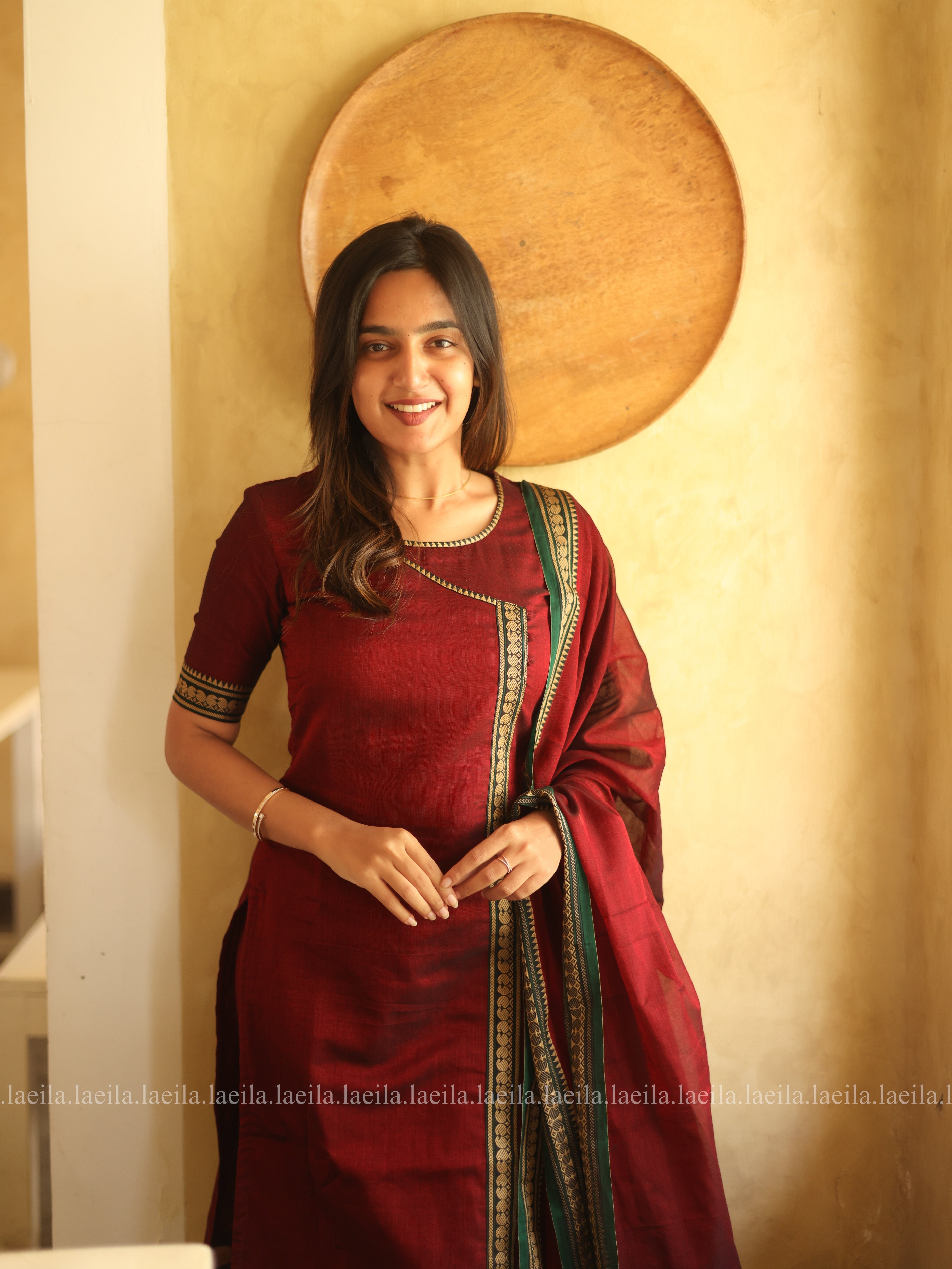 Maroon Malar Narayanpet Cotton Top & Dupatta Set