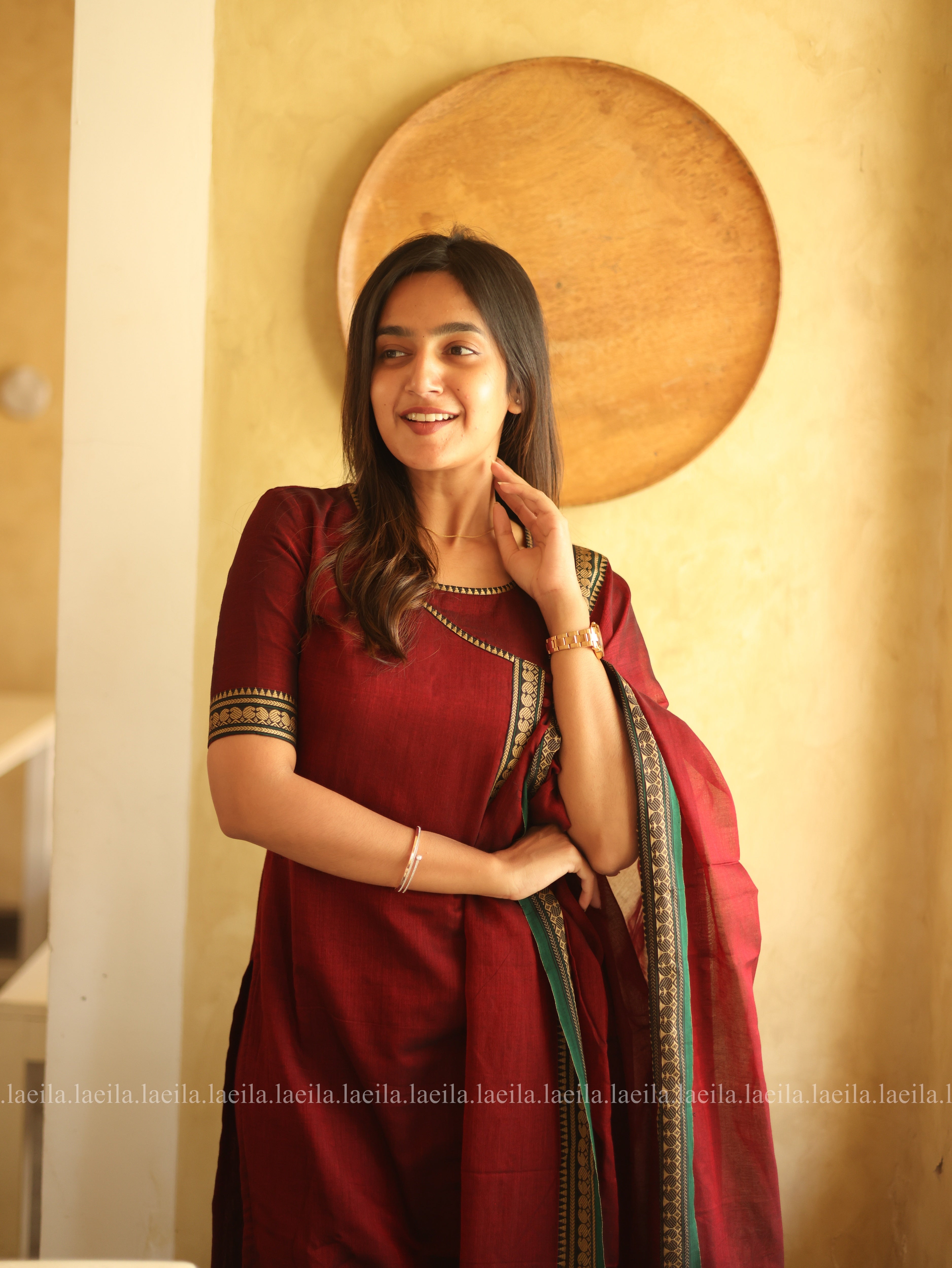 Maroon Malar Narayanpet Cotton Top & Dupatta Set