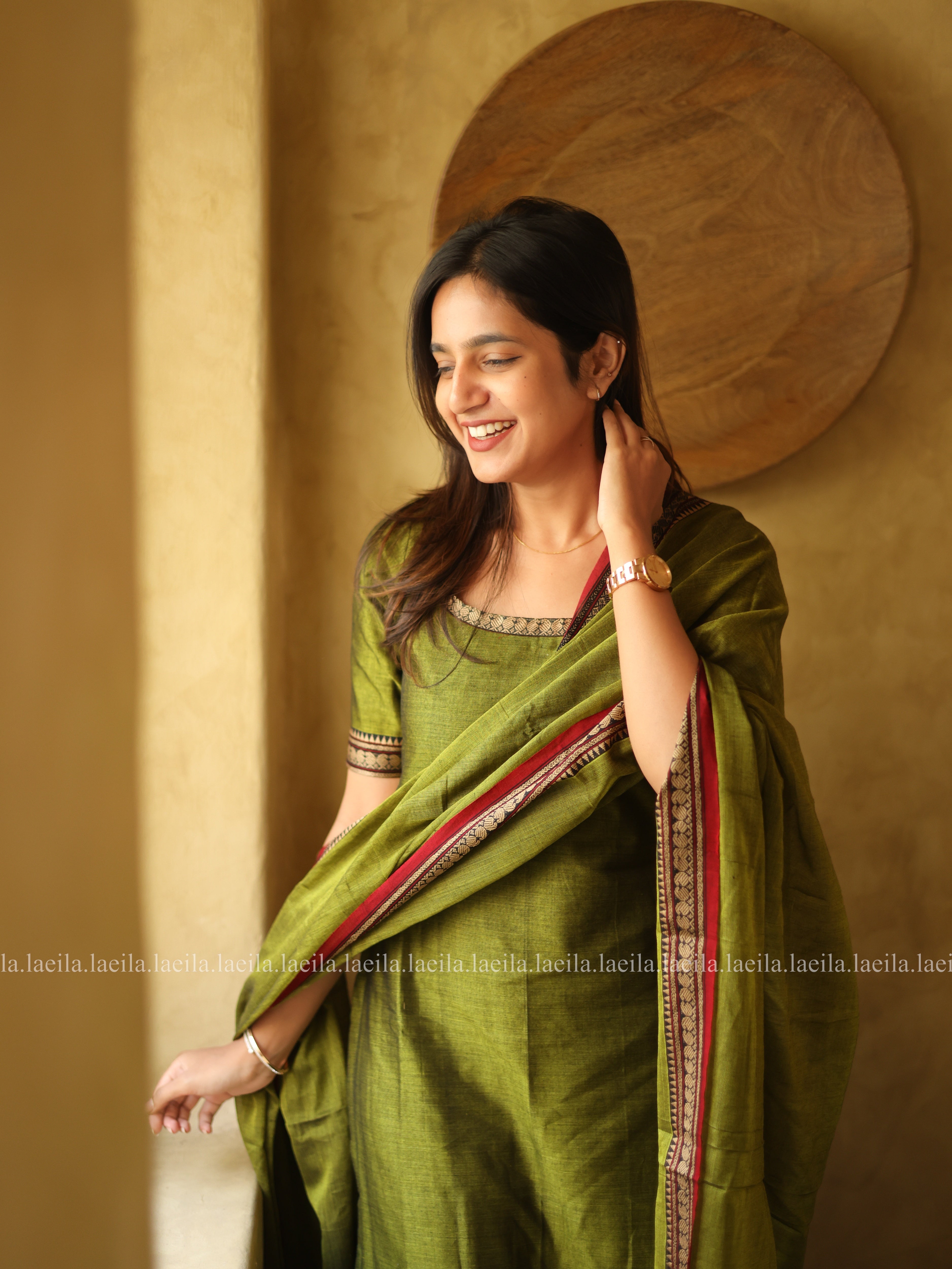 Green with Red Border Malar Narayanpet Cotton Top & Dupatta Set