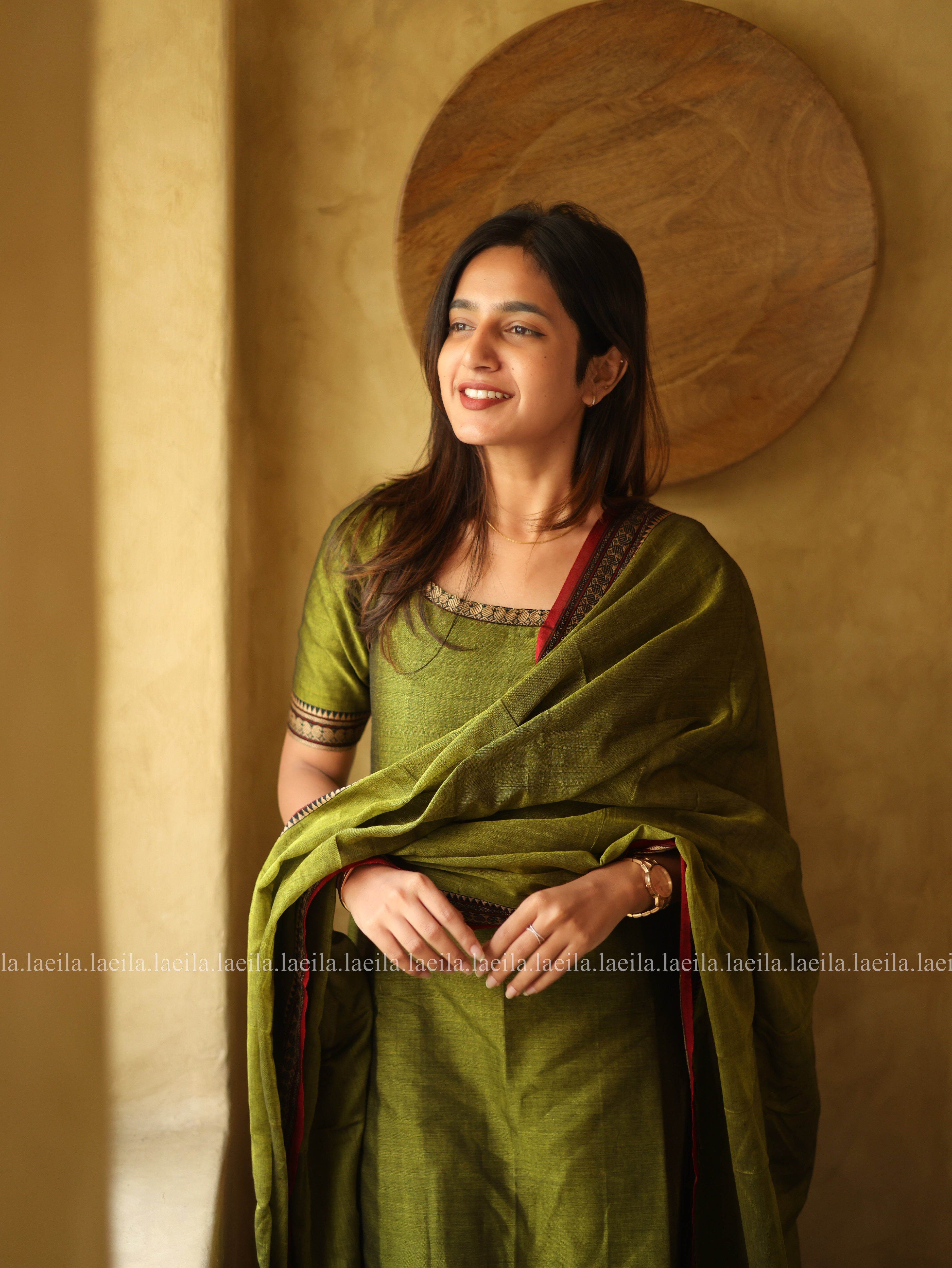 Green with Red Border Malar Narayanpet Cotton Top & Dupatta Set