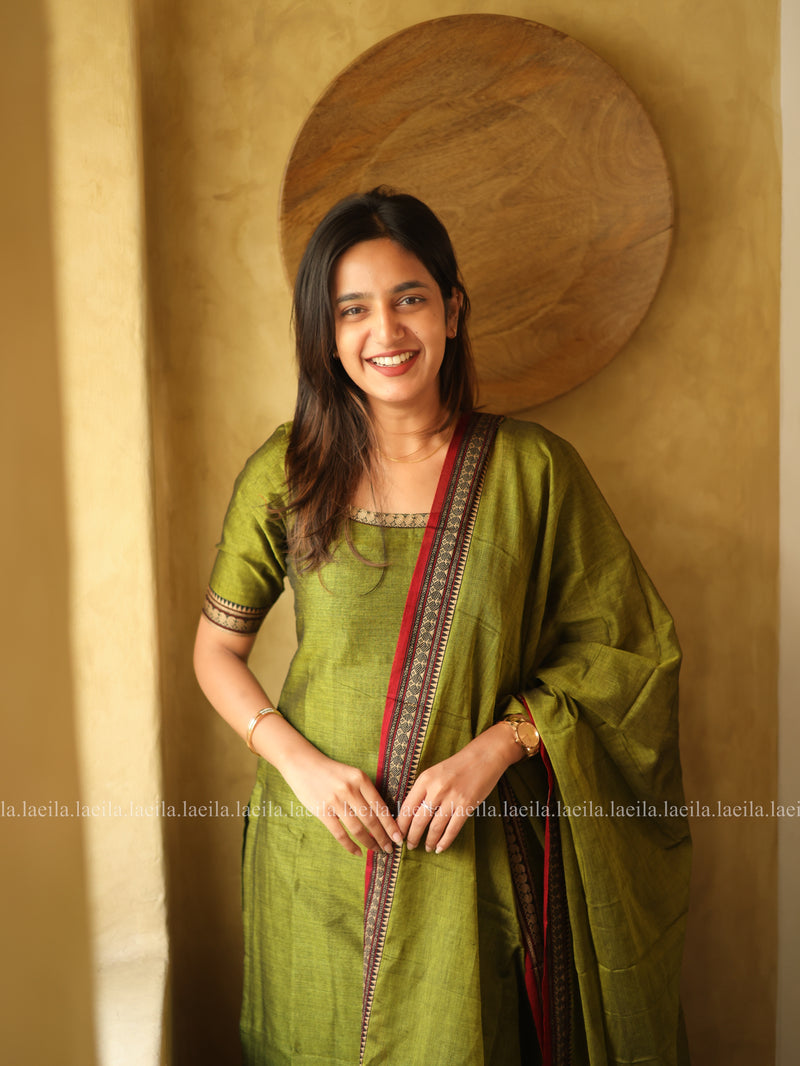 Green with Red Border Malar Narayanpet Cotton Top & Dupatta Set