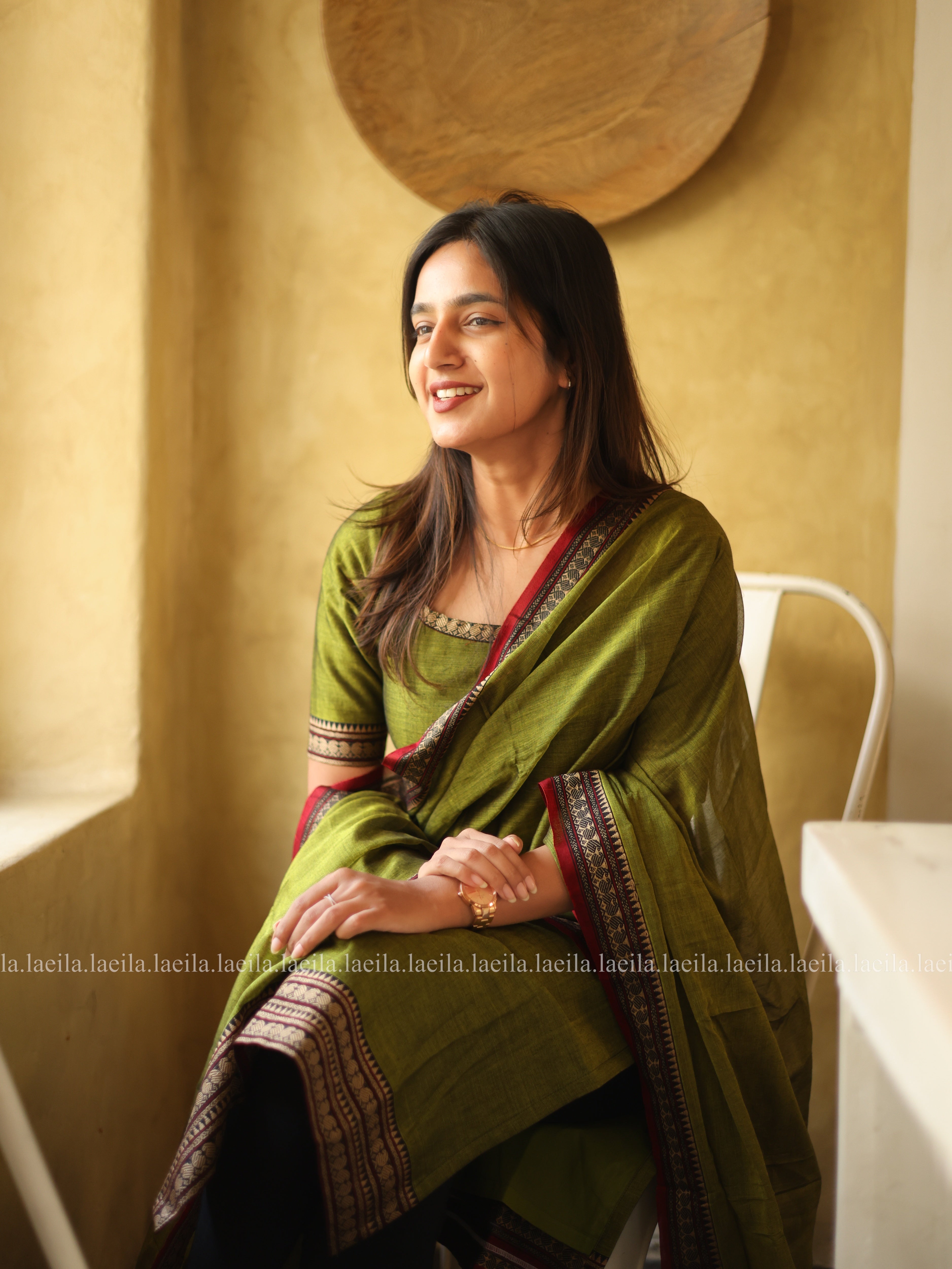 Green with Red Border Malar Narayanpet Cotton Top & Dupatta Set