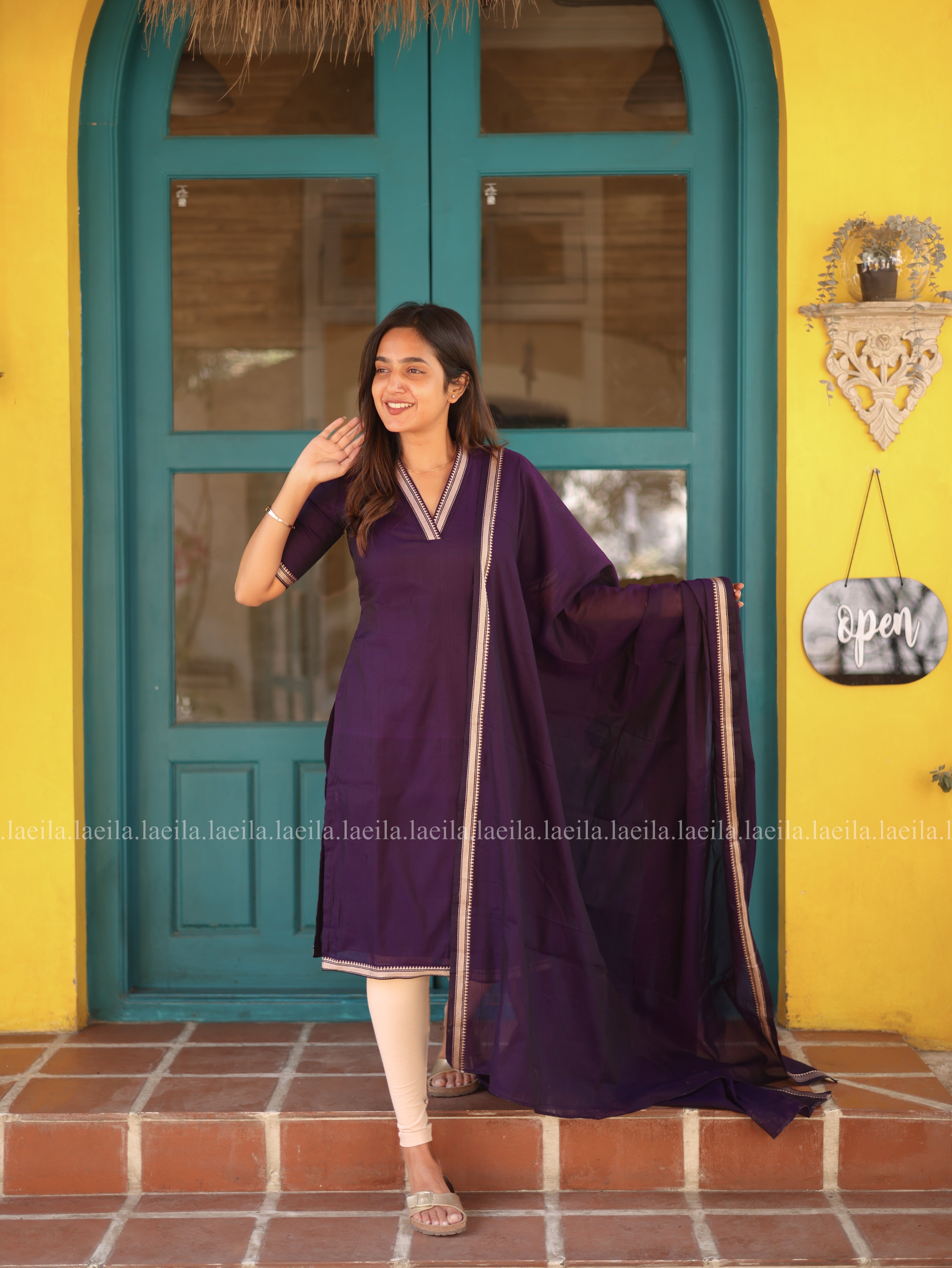 Purple Malar Narayanpet Cotton Top & Dupatta Set