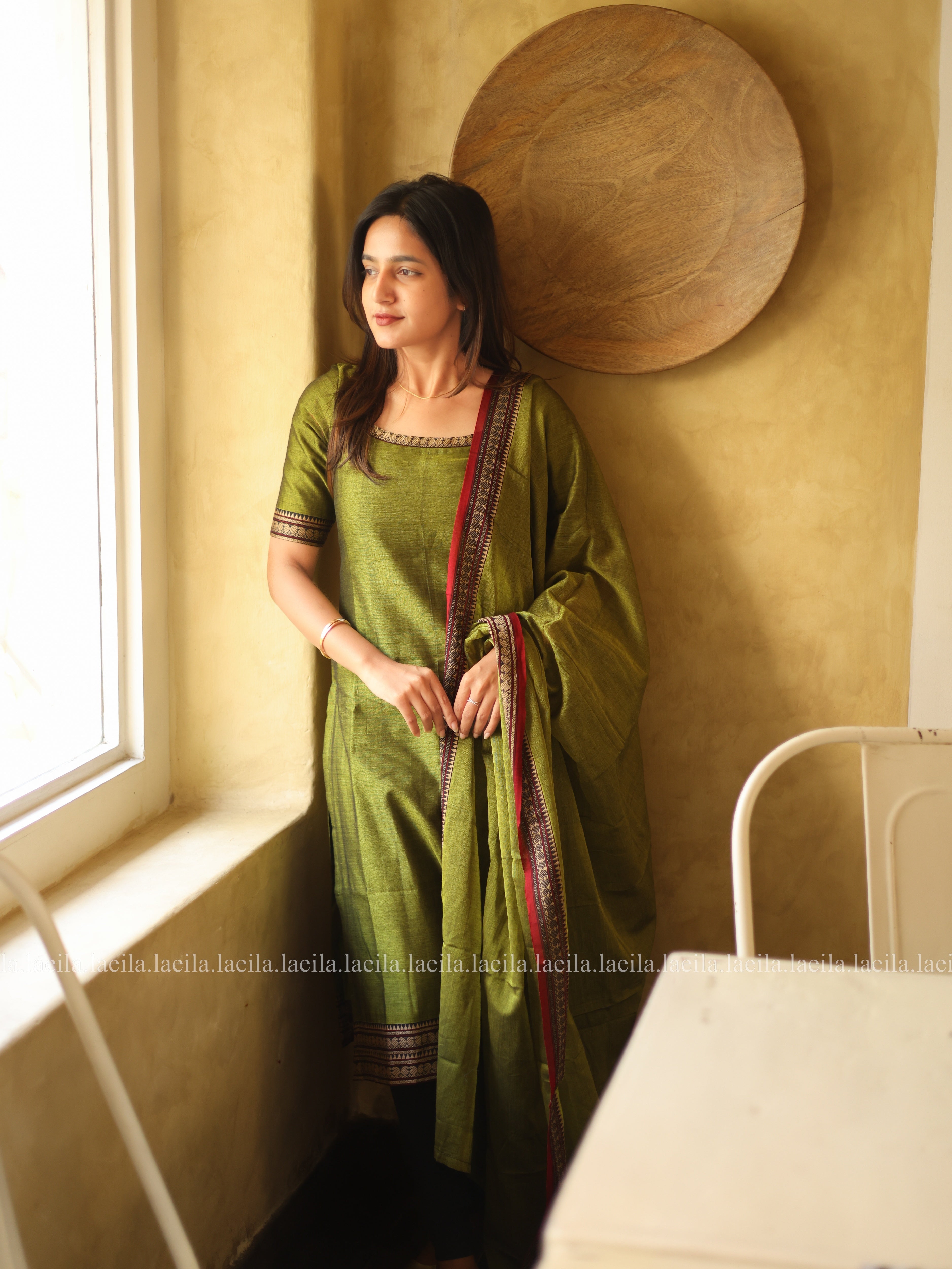 Green with Red Border Malar Narayanpet Cotton Top & Dupatta Set