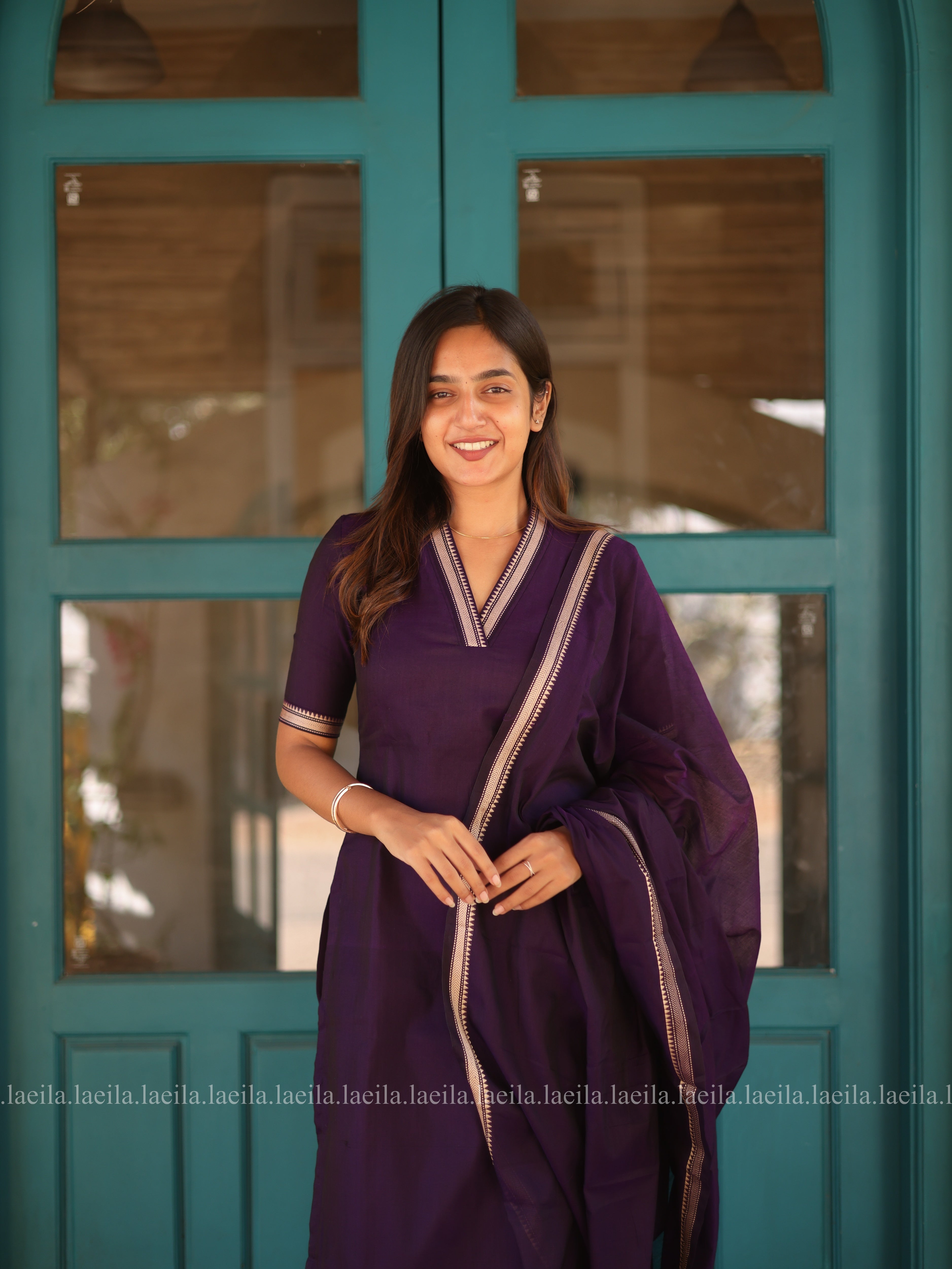 Purple Malar Narayanpet Cotton Top & Dupatta Set