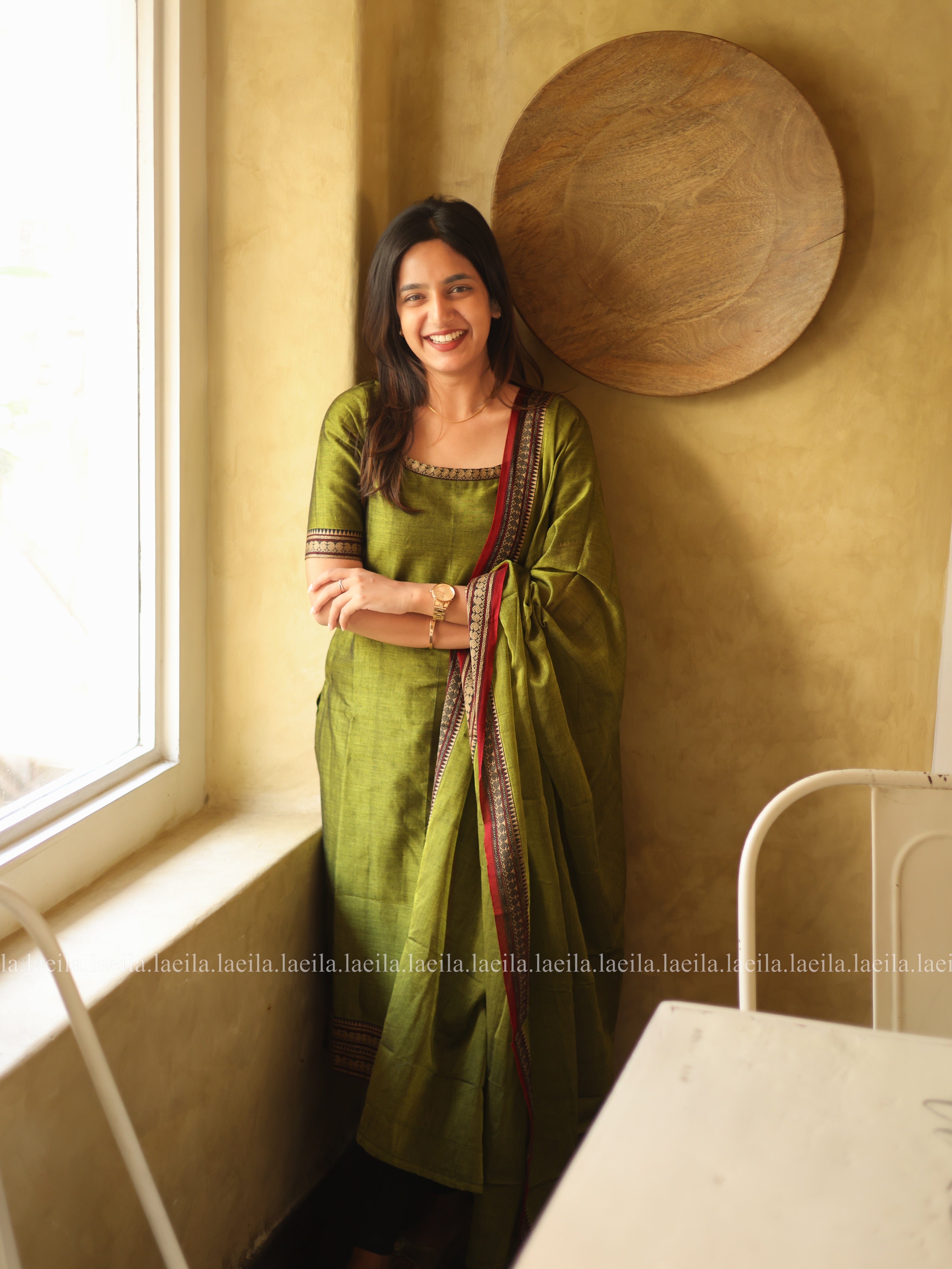 Green with Red Border Malar Narayanpet Cotton Top & Dupatta Set